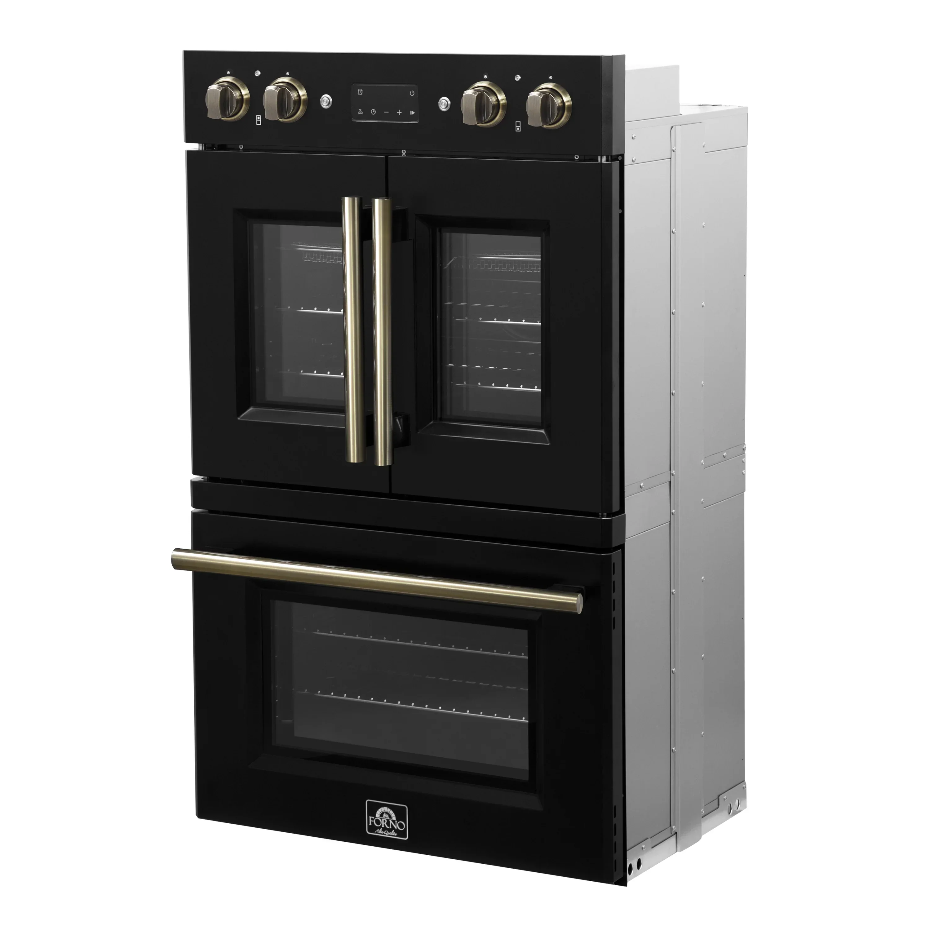 Forno 2-Piece Appliance Package - 30-Inch Asti French Door Double Electric Wall Oven & 30-Inch Microwave Oven in Black with Antique Brass Handle - Image 4