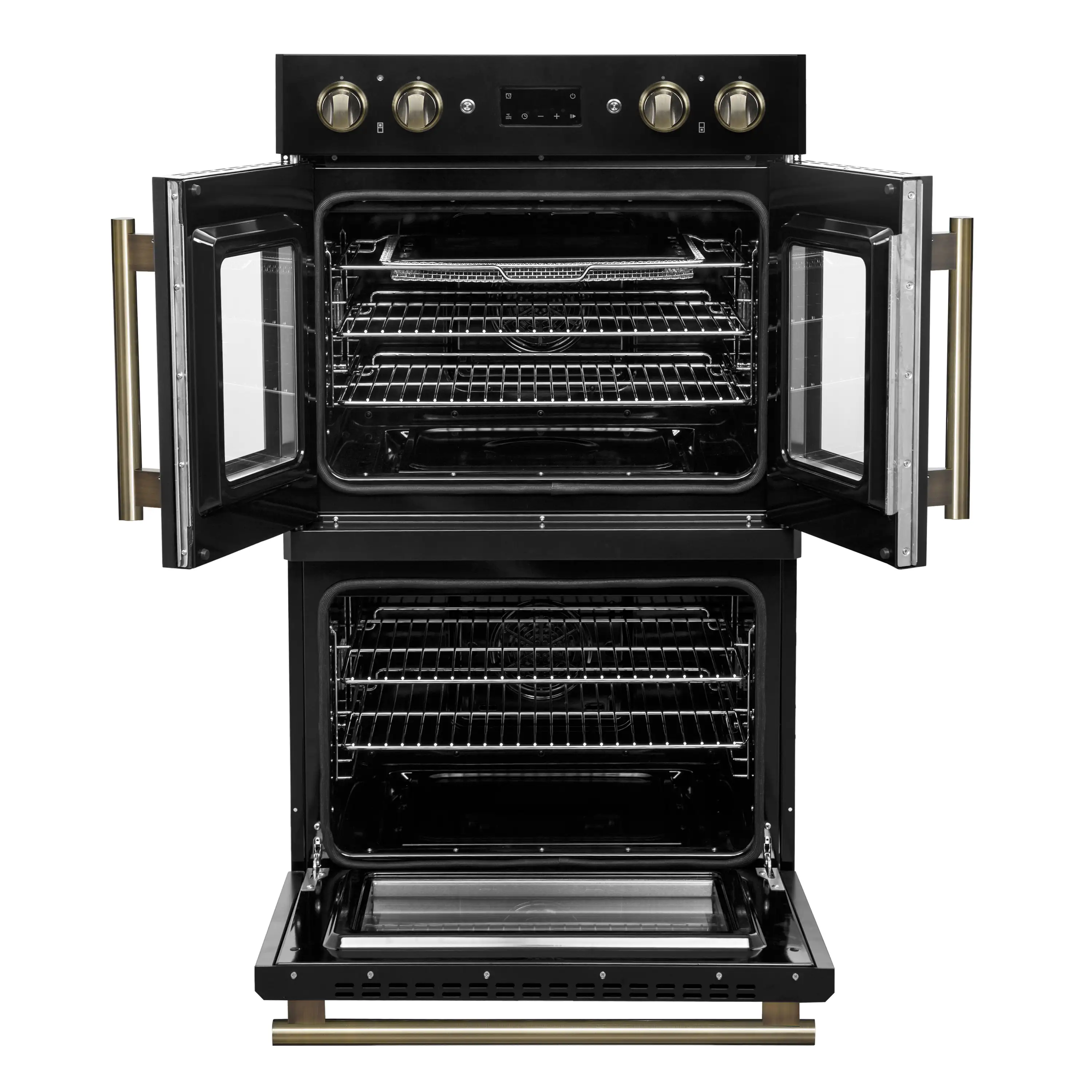 Forno 2-Piece Appliance Package - 30-Inch Asti French Door Double Electric Wall Oven & 30-Inch Microwave Oven in Black with Antique Brass Handle - Image 5