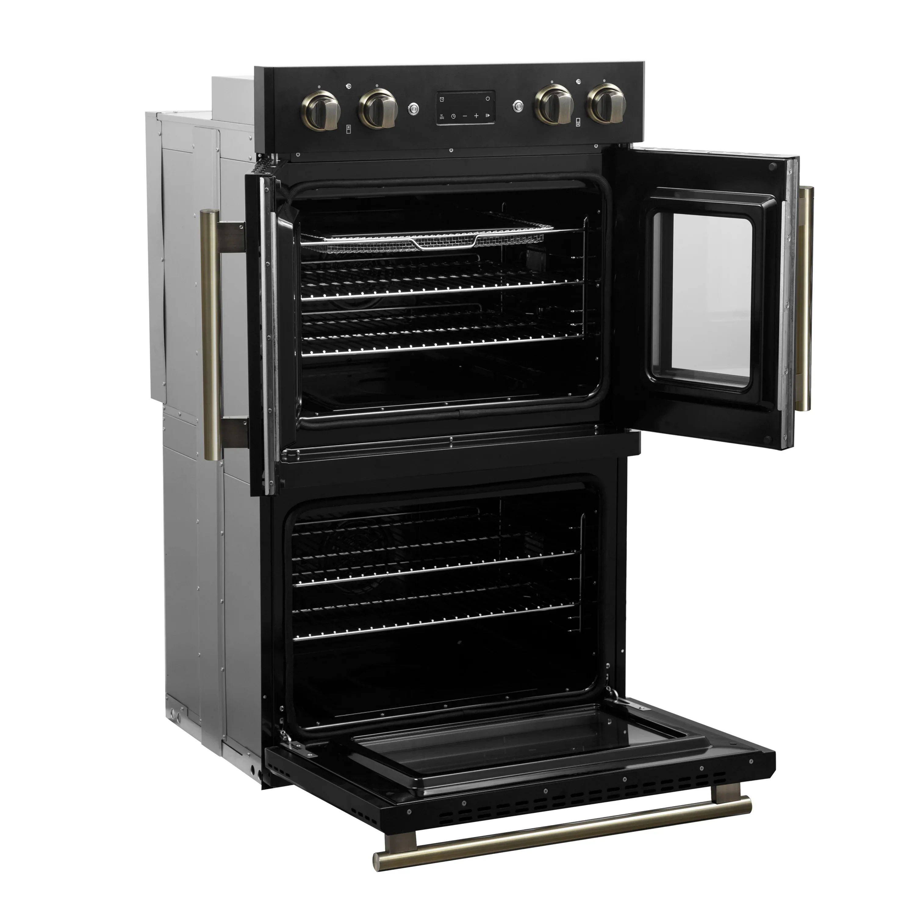 Forno 2-Piece Appliance Package - 30-Inch Asti French Door Double Electric Wall Oven & 30-Inch Microwave Oven in Black with Antique Brass Handle - Image 6