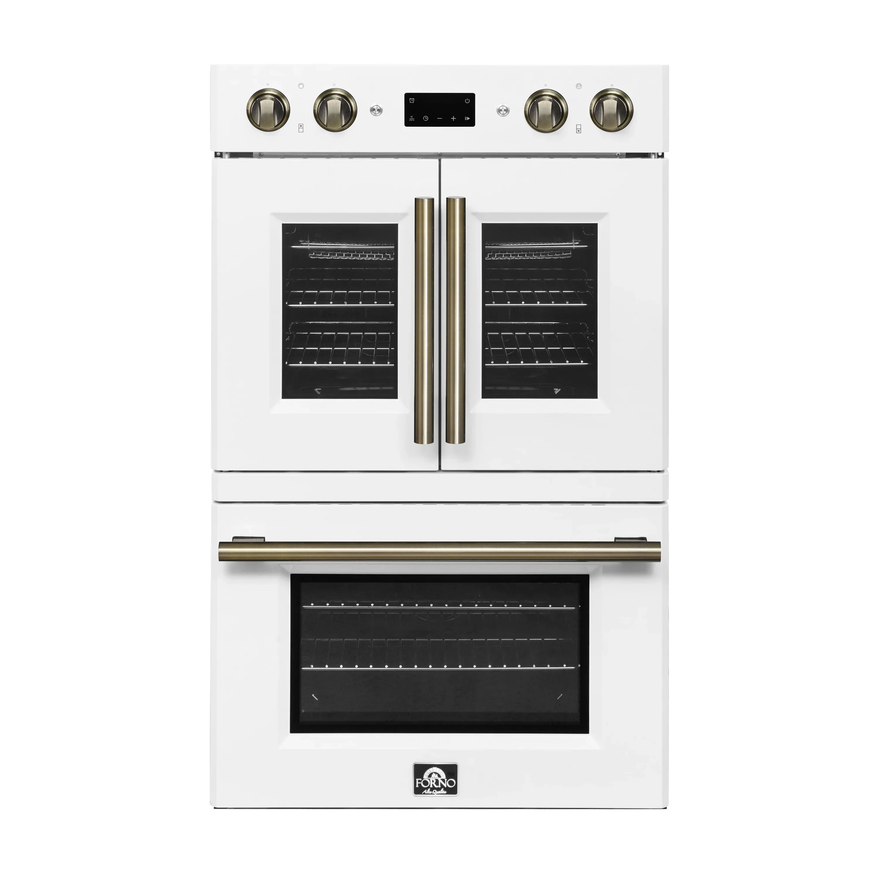 Forno 2-Piece Appliance Package - 30-Inch Asti French Door Double Electric Wall Oven & 30-Inch Microwave Oven in White with Antique Brass Handle - Image 2