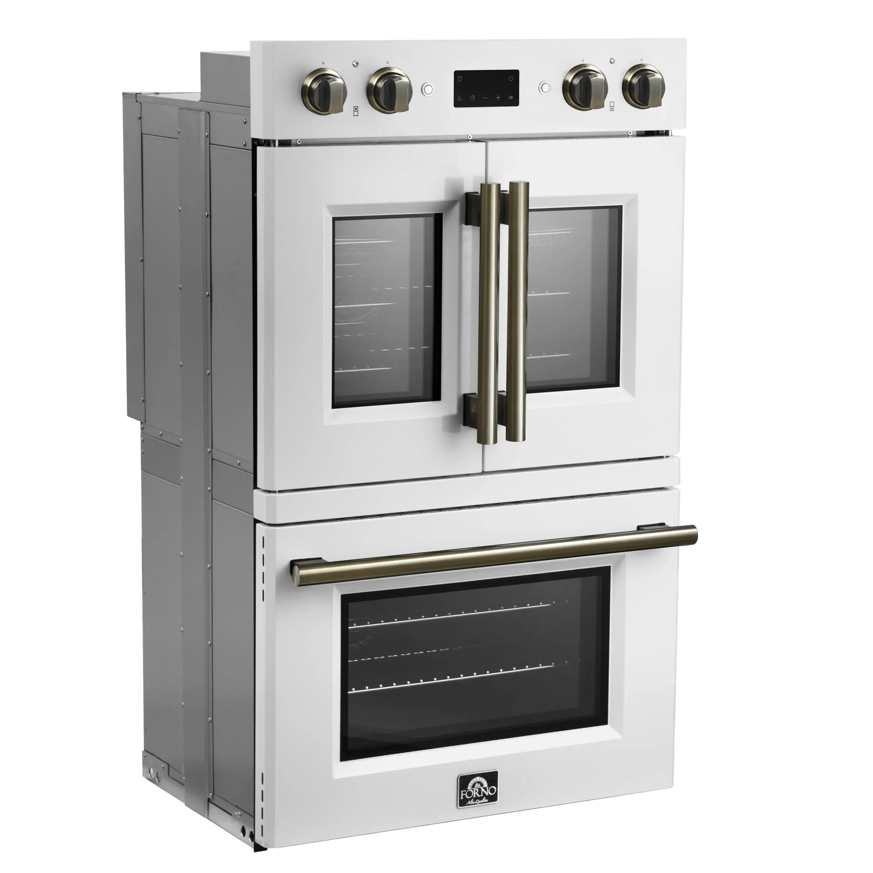 Forno 2-Piece Appliance Package - 30-Inch Asti French Door Double Electric Wall Oven & 30-Inch Microwave Oven in White with Antique Brass Handle - Image 3