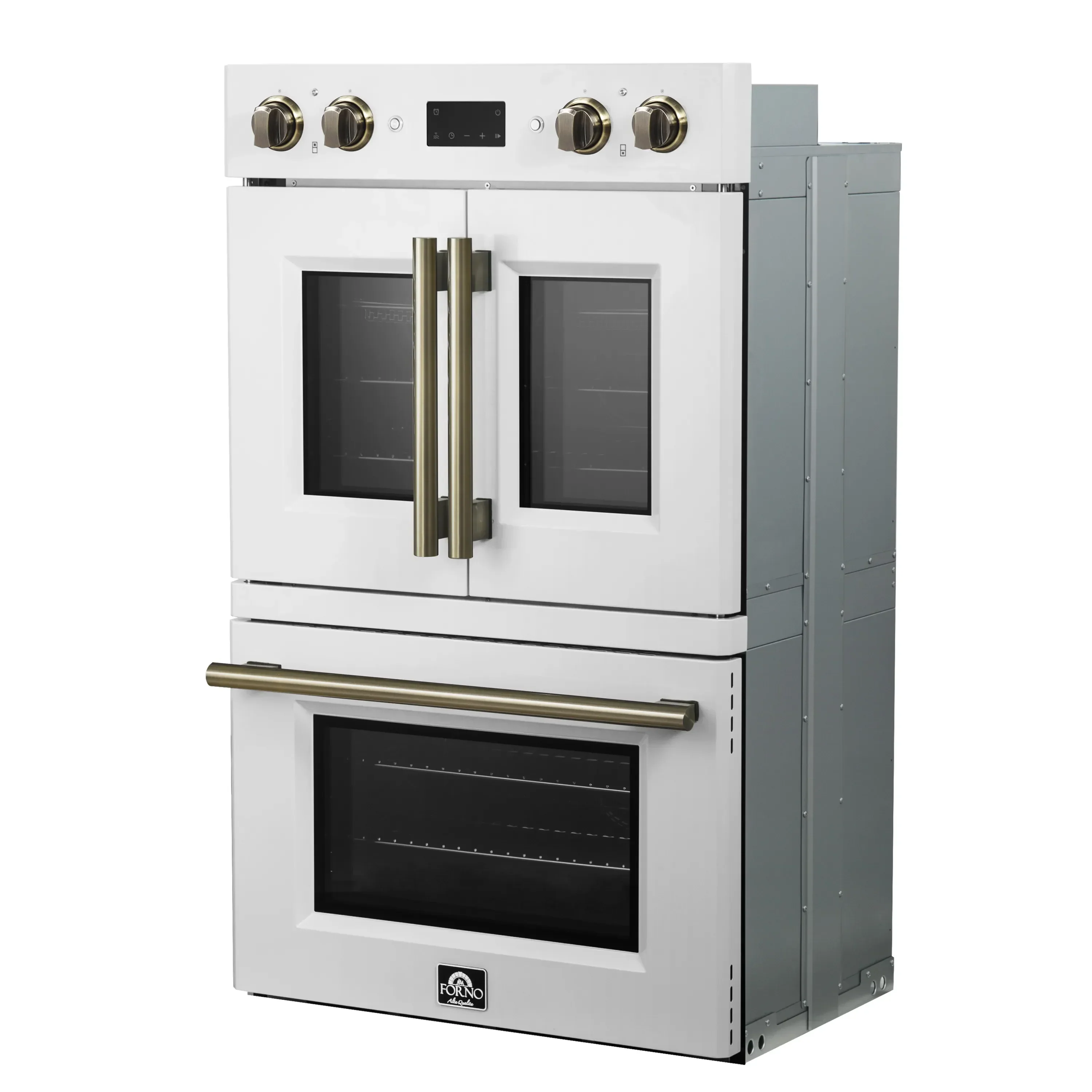 Forno 2-Piece Appliance Package - 30-Inch Asti French Door Double Electric Wall Oven & 30-Inch Microwave Oven in White with Antique Brass Handle - Image 4
