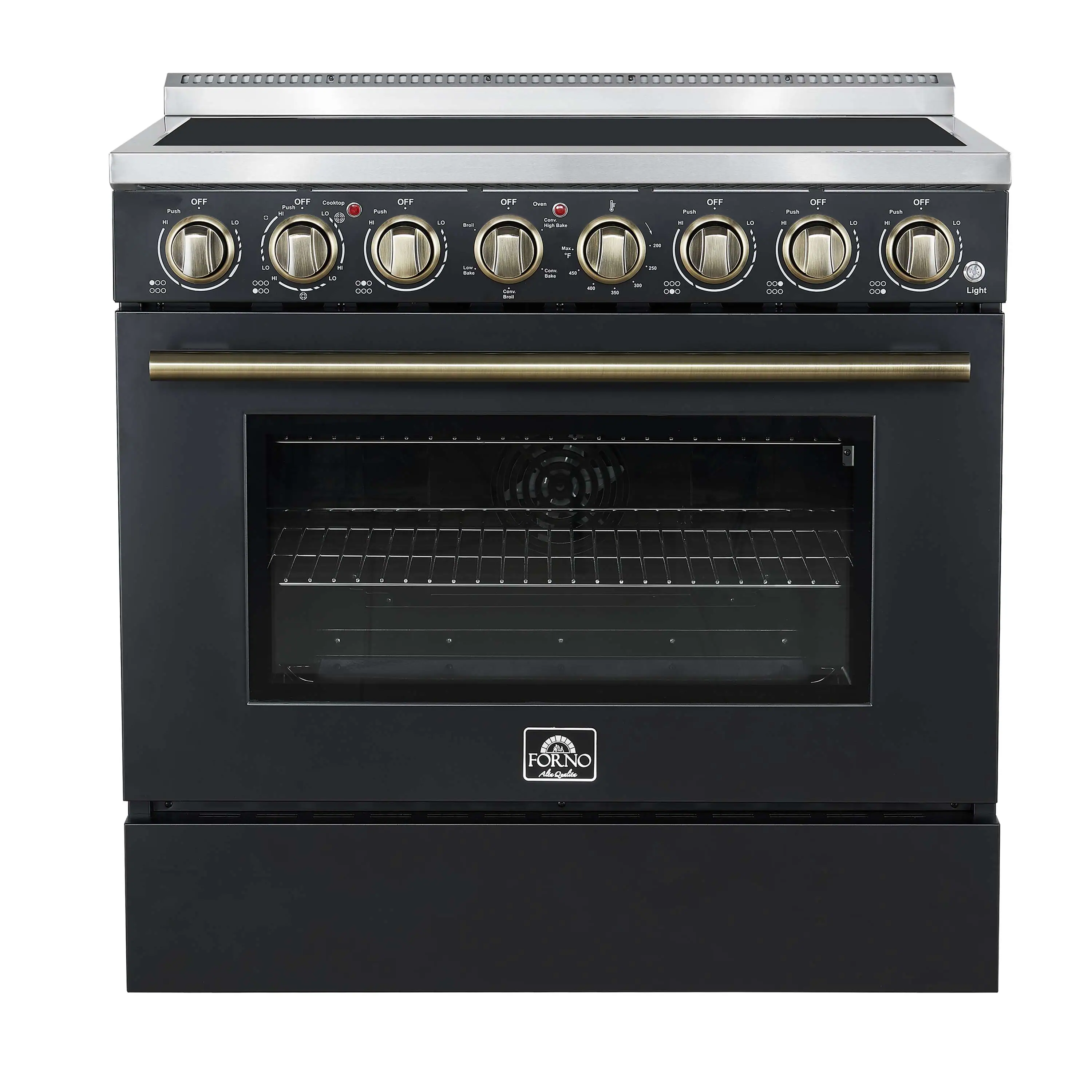 Forno 3-Piece Appliance Package - 36-Inch Electric Range, Wall Mount Range Hood, and 36-Inch Refrigerator in Black with Antique Brass Handle - Image 2
