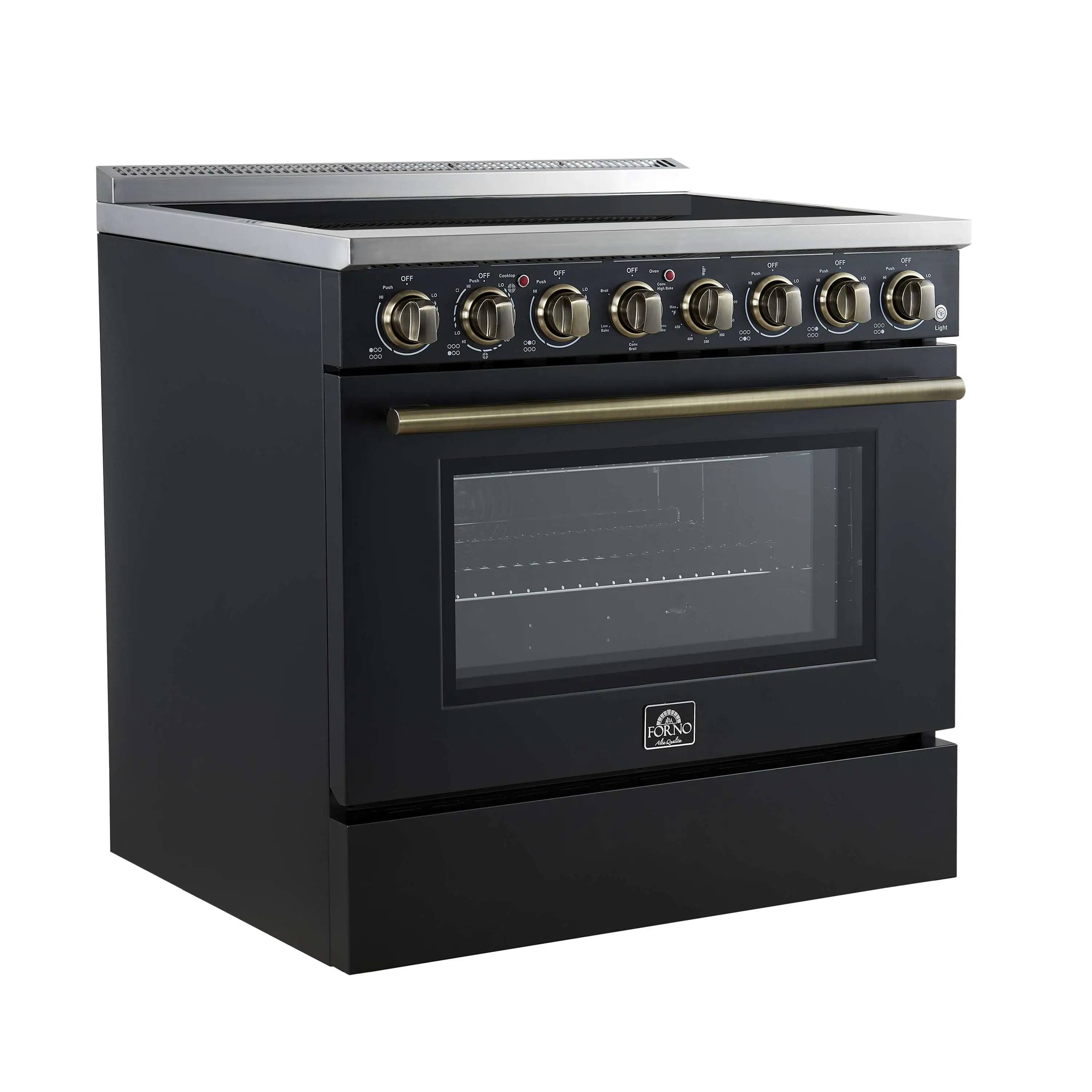 Forno 3-Piece Appliance Package - 36-Inch Electric Range, Wall Mount Range Hood, and 36-Inch Refrigerator in Black with Antique Brass Handle - Image 3