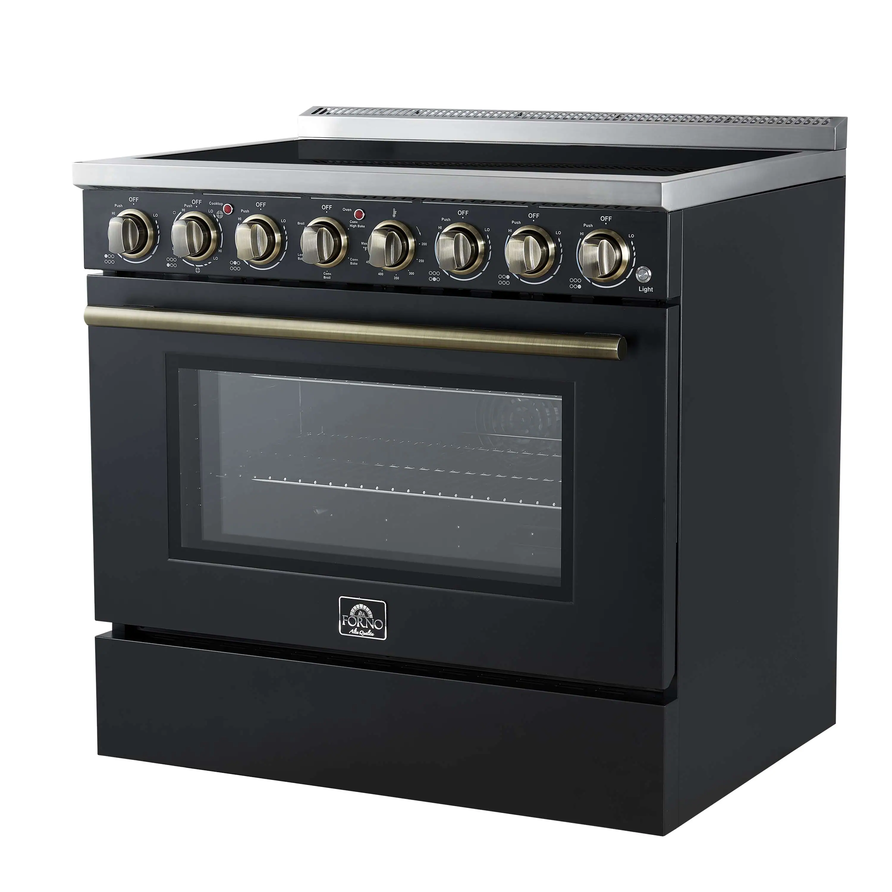 Forno 3-Piece Appliance Package - 36-Inch Electric Range, Wall Mount Range Hood, and 36-Inch Refrigerator in Black with Antique Brass Handle - Image 4