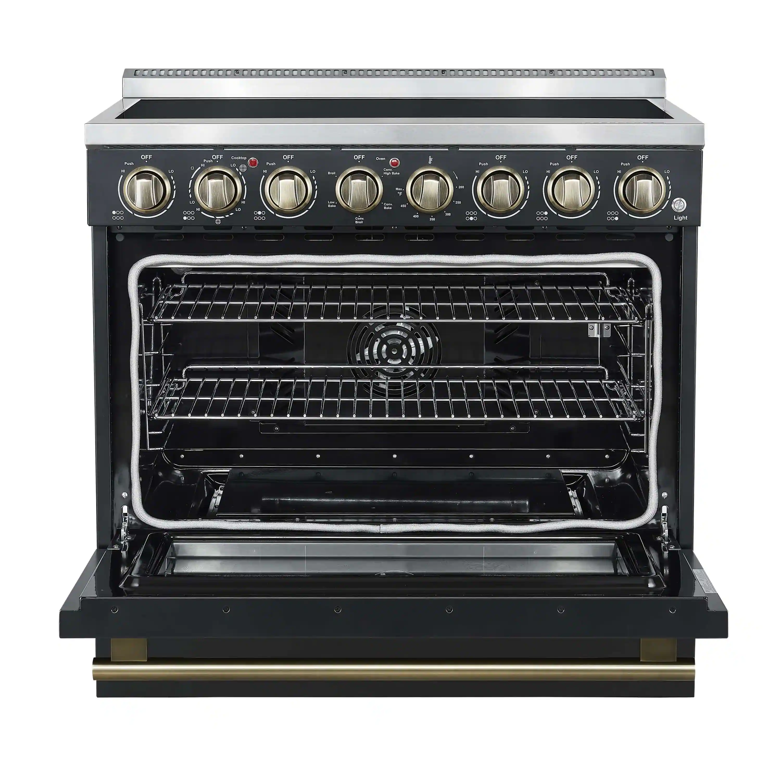 Forno 3-Piece Appliance Package - 36-Inch Electric Range, Wall Mount Range Hood, and 60-Inch Refrigerator in Black with Antique Brass Handle - Image 5