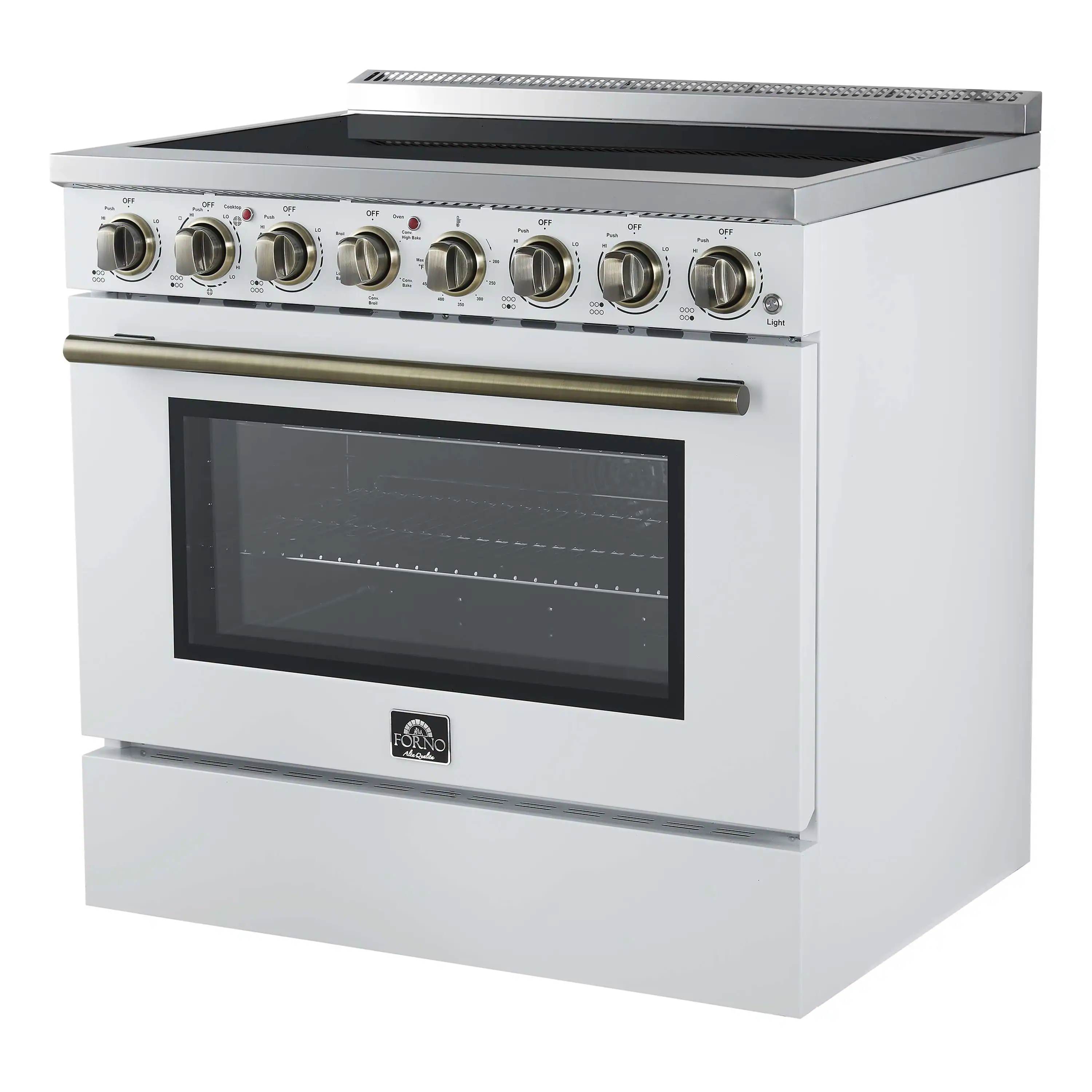 Forno 3-Piece Appliance Package - 36-Inch Electric Range, Wall Mount Range Hood, and 36-Inch Refrigerator in White with Antique Brass Handle - Image 4