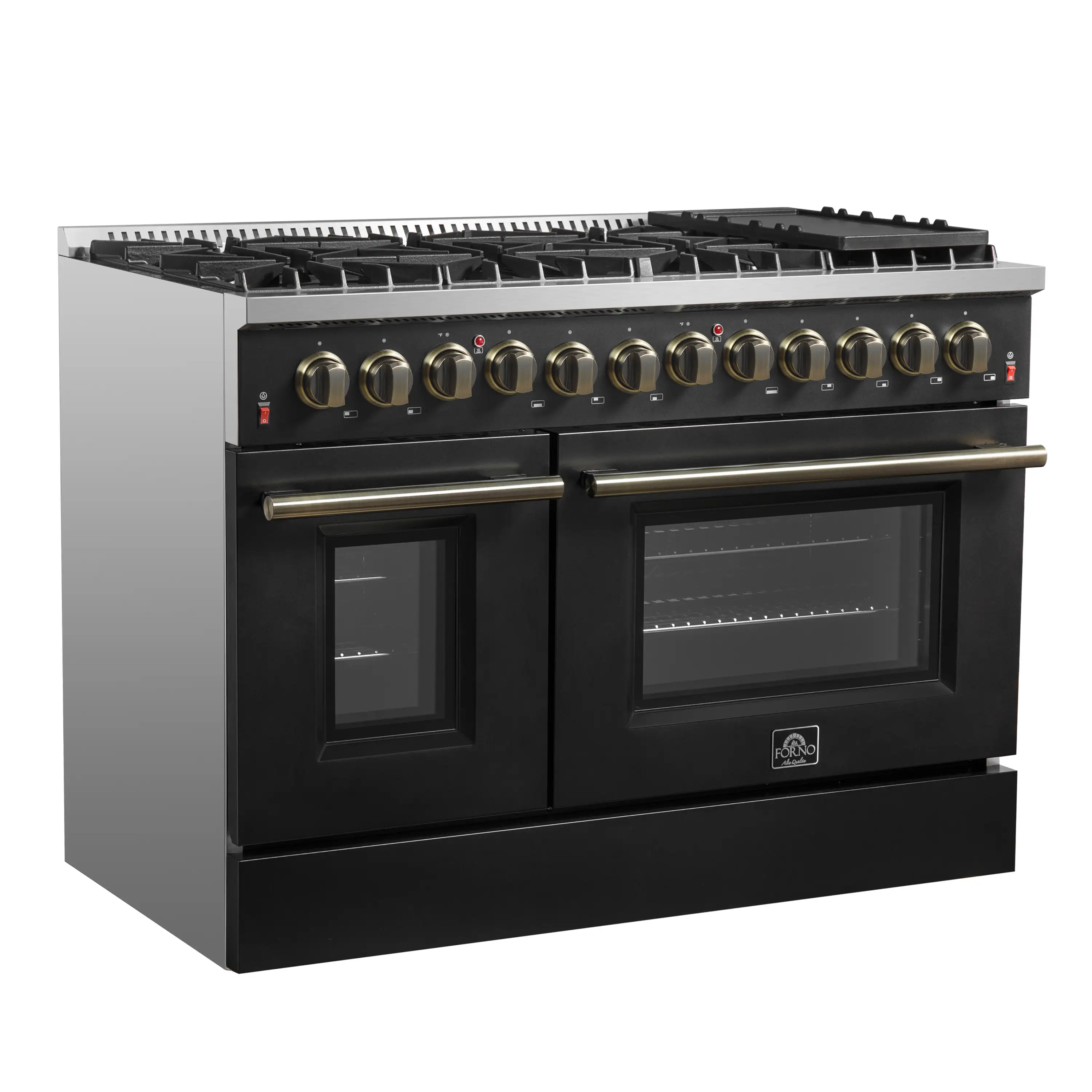 Forno 3-Piece Appliance Package - 48-Inch Dual Fuel Range, 60-Inch Convertible Refrigerator with Modern Trim, and Dishwasher in Black with Antique Brass Handle - Image 4