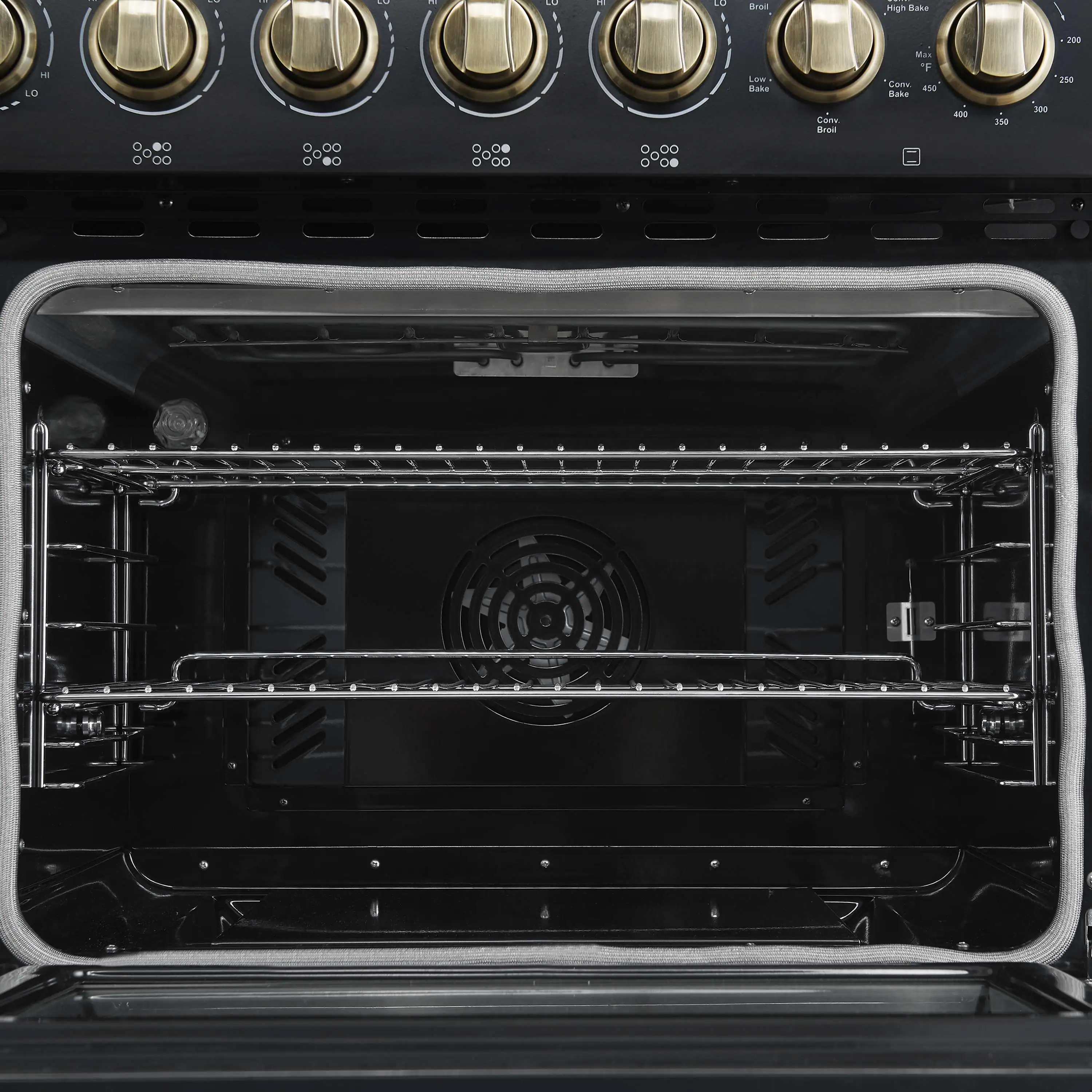 Forno 3-Piece Appliance Package - 48-Inch Electric Range, Wall Mount Range Hood, and 36-Inch Refrigerator in Black with Antique Brass Handle - Image 13