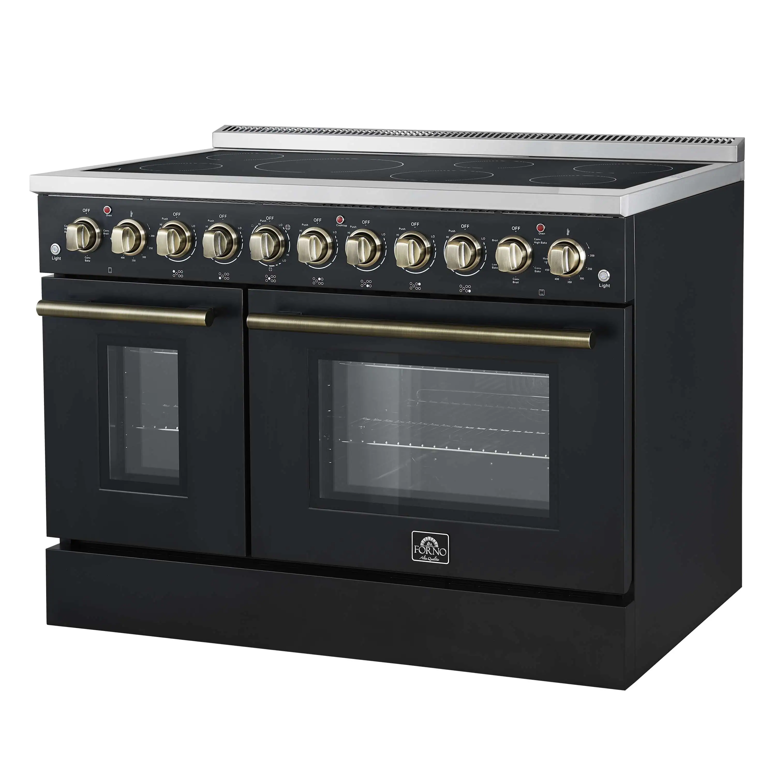 Forno 3-Piece Appliance Package - 48-Inch Electric Range, Wall Mount Range Hood, and 36-Inch Refrigerator in Black with Antique Brass Handle - Image 3