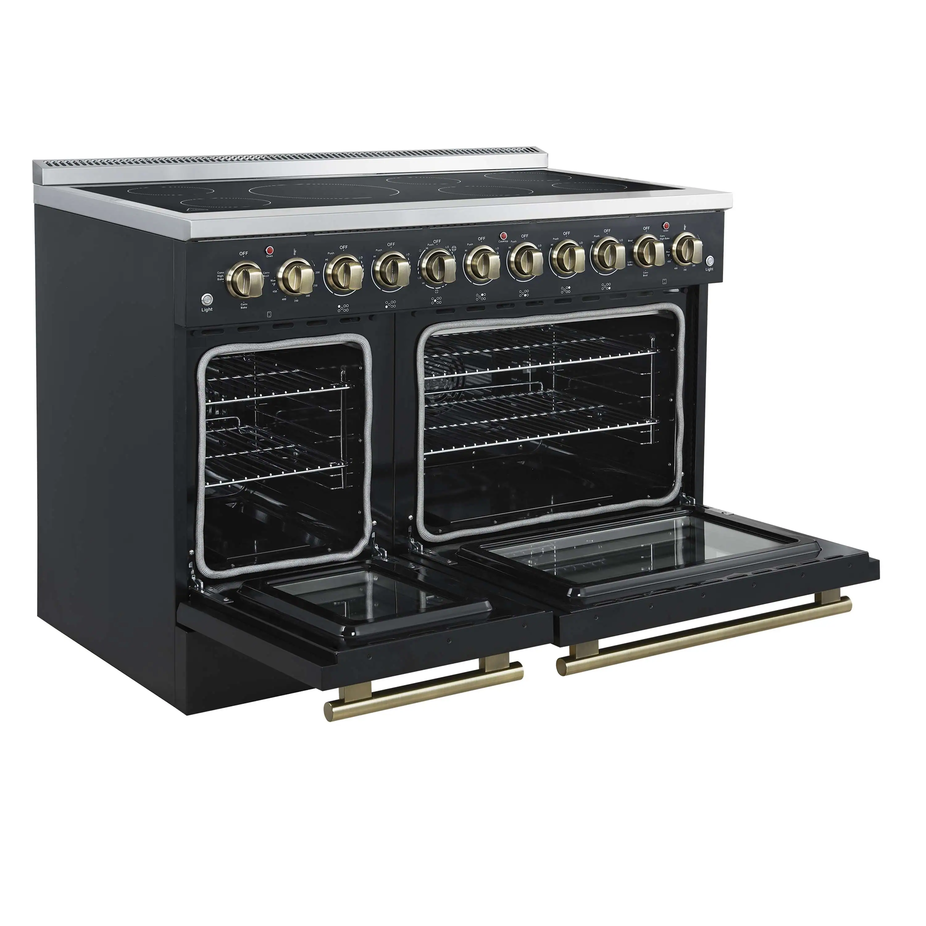 Forno 3-Piece Appliance Package - 48-Inch Electric Range, Wall Mount Range Hood, and 36-Inch Refrigerator in Black with Antique Brass Handle - Image 5