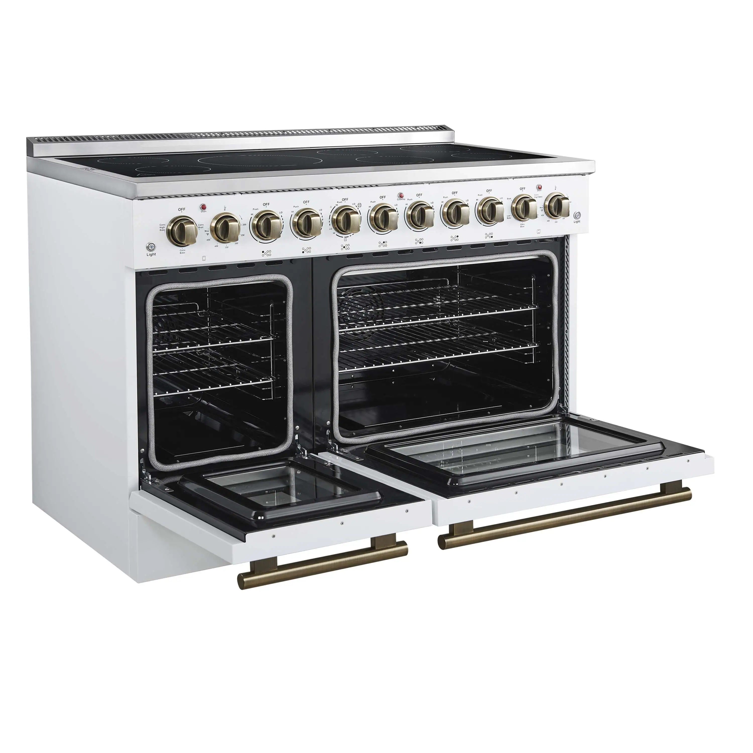 Forno 3-Piece Appliance Package - 48-Inch Electric Range, Wall Mount Range Hood, and 36-Inch Refrigerator in White with Antique Brass Handle - Image 6