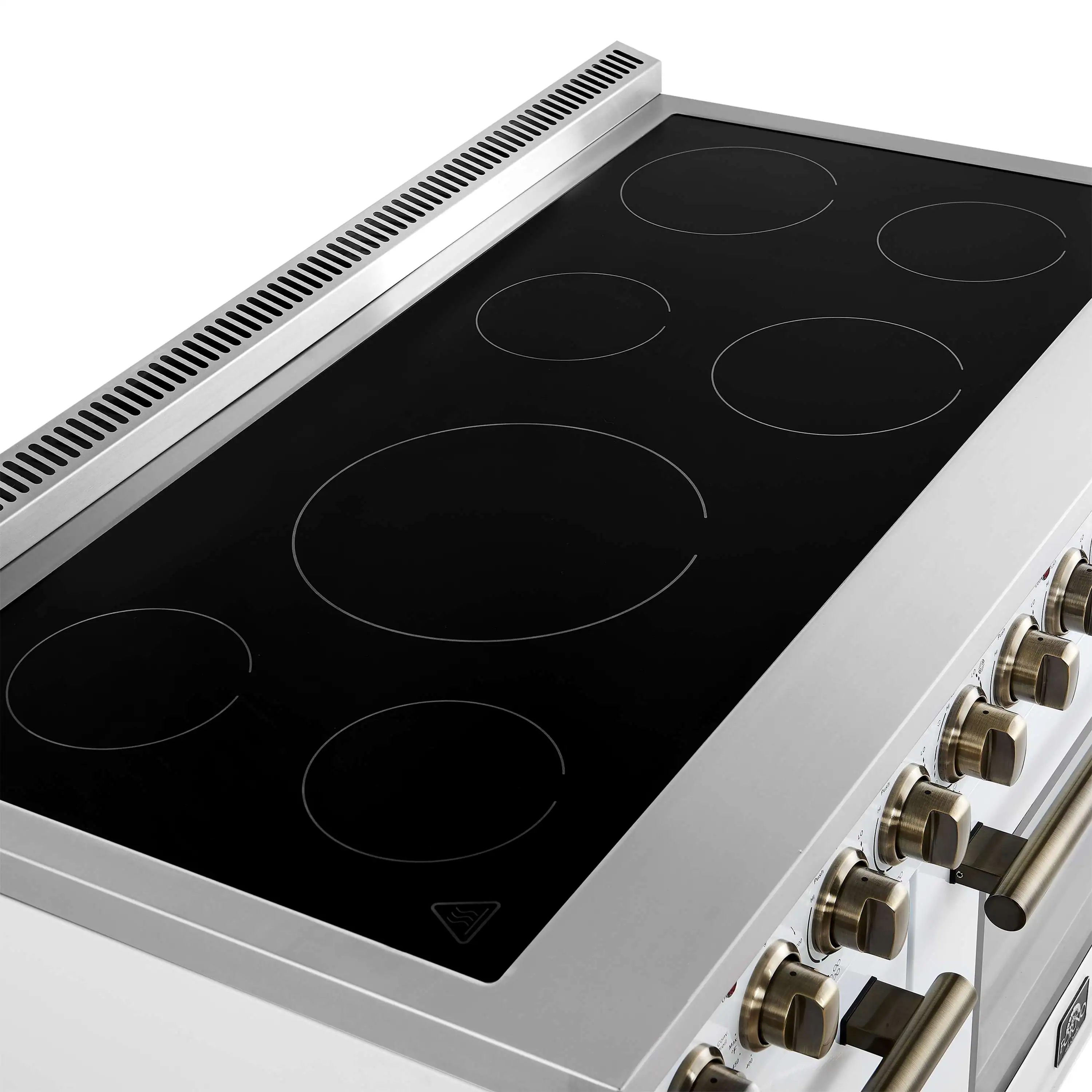 Forno 3-Piece Appliance Package - 48-Inch Electric Range, Wall Mount Range Hood, and 36-Inch Refrigerator in White with Antique Brass Handle - Image 8