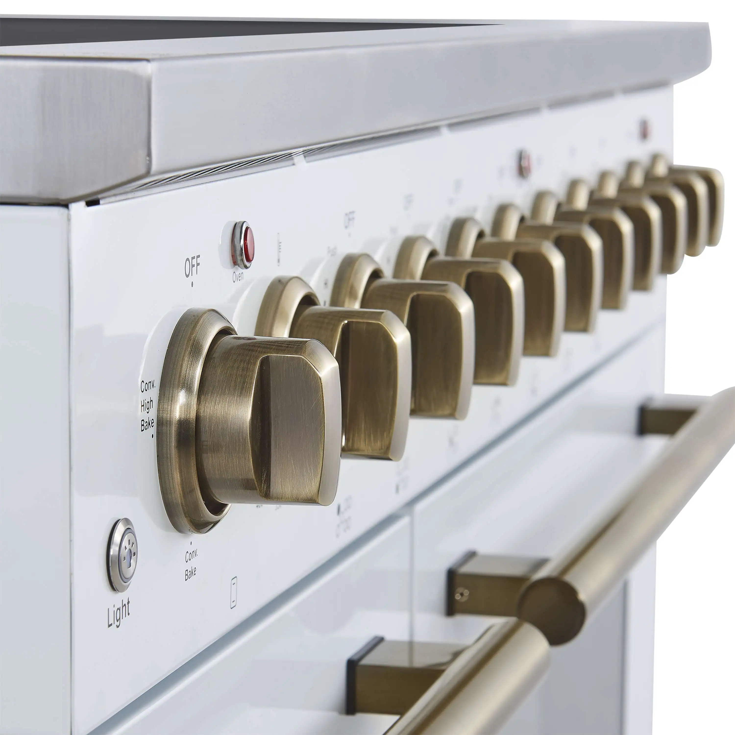 Forno 3-Piece Appliance Package - 48-Inch Electric Range, Wall Mount Range Hood, and 36-Inch Refrigerator in White with Antique Brass Handle - Image 9