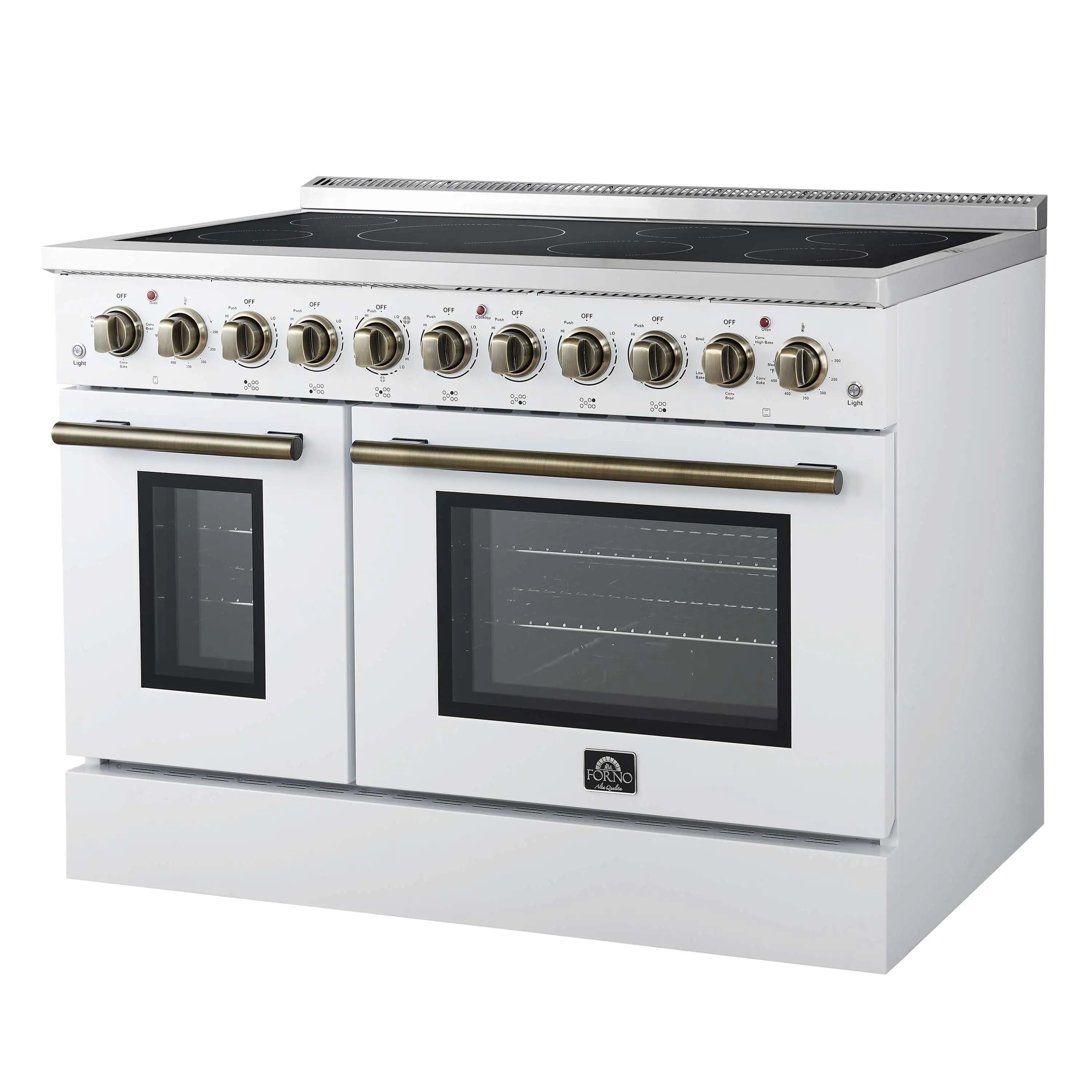 Forno 3-Piece Appliance Package - 48-Inch Electric Range, Wall Mount Range Hood, and 60-Inch Refrigerator in White with Antique Brass Handle - Image 4
