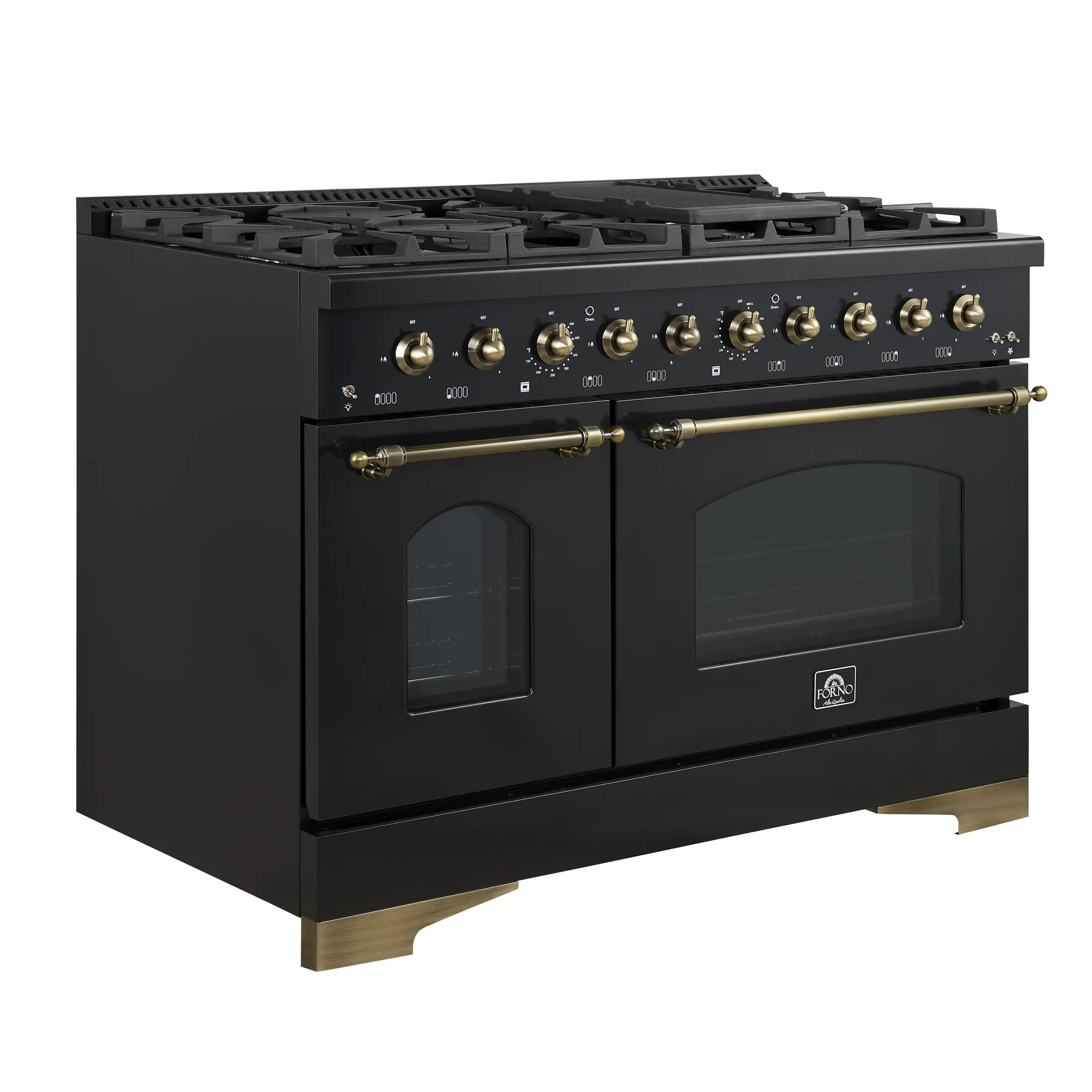 Forno 3-Piece Appliance Package - 48-Inch Gas Range, 60-Inch Convertible Refrigerator with Modern Trim, and Dishwasher in Black with Antique Brass Handle - Image 3