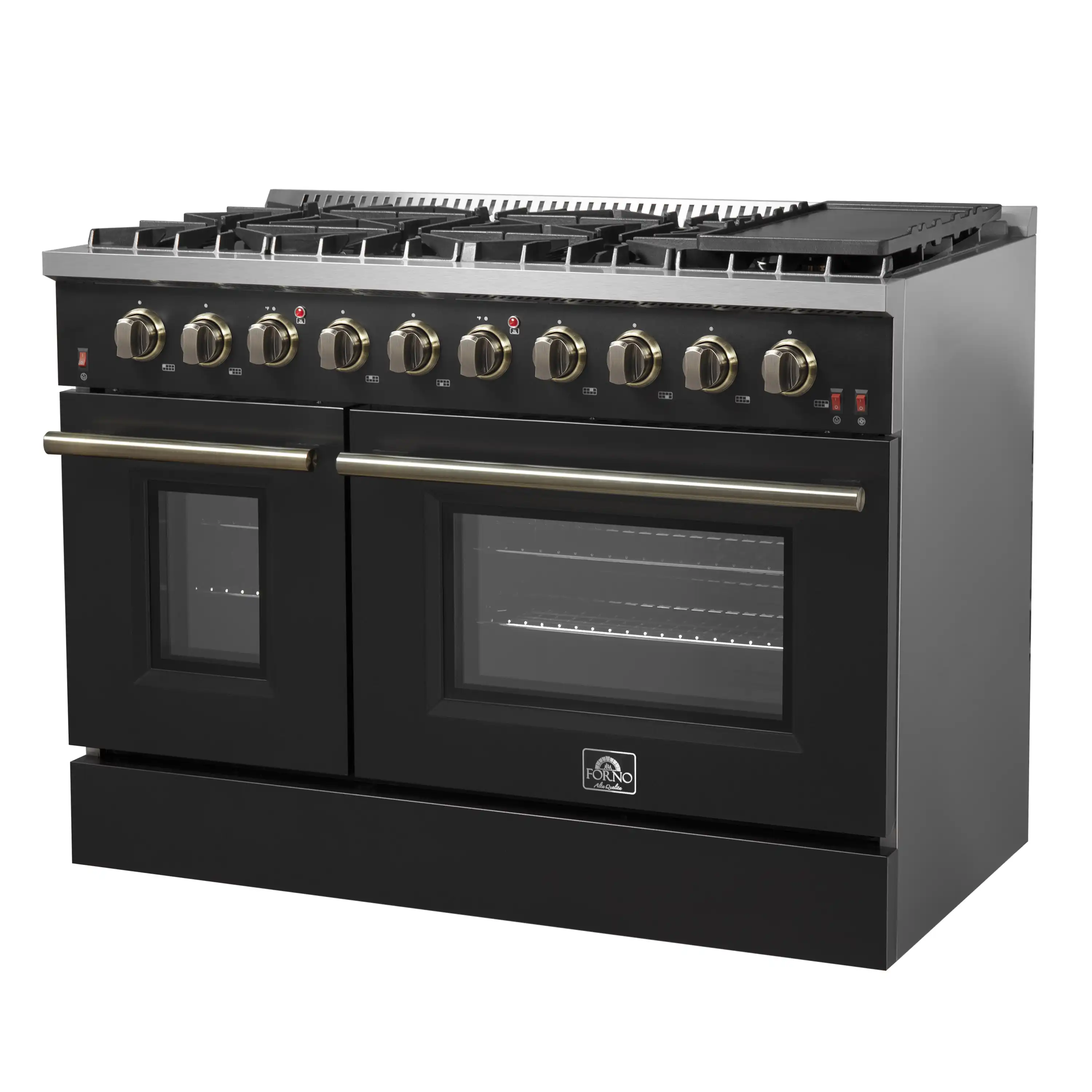 Forno 3-Piece Appliance Package - 48-Inch Gas Range, 60-Inch Convertible Refrigerator with Modern Trim, and Dishwasher in Black with Antique Brass Handle - Image 5