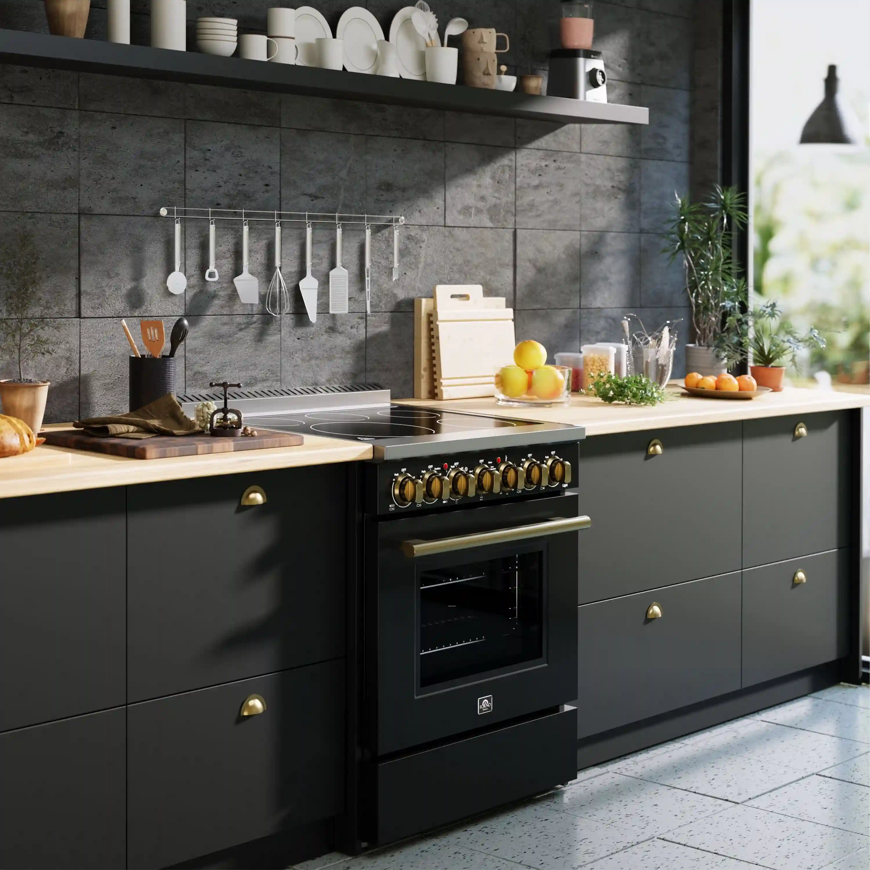 Forno 4-Piece Appliance Package - 30-Inch Electric Range, Wall Mount Range Hood, 36-Inch Refrigerator, and Dishwasher in Black with Antique Brass Handle - Image 3