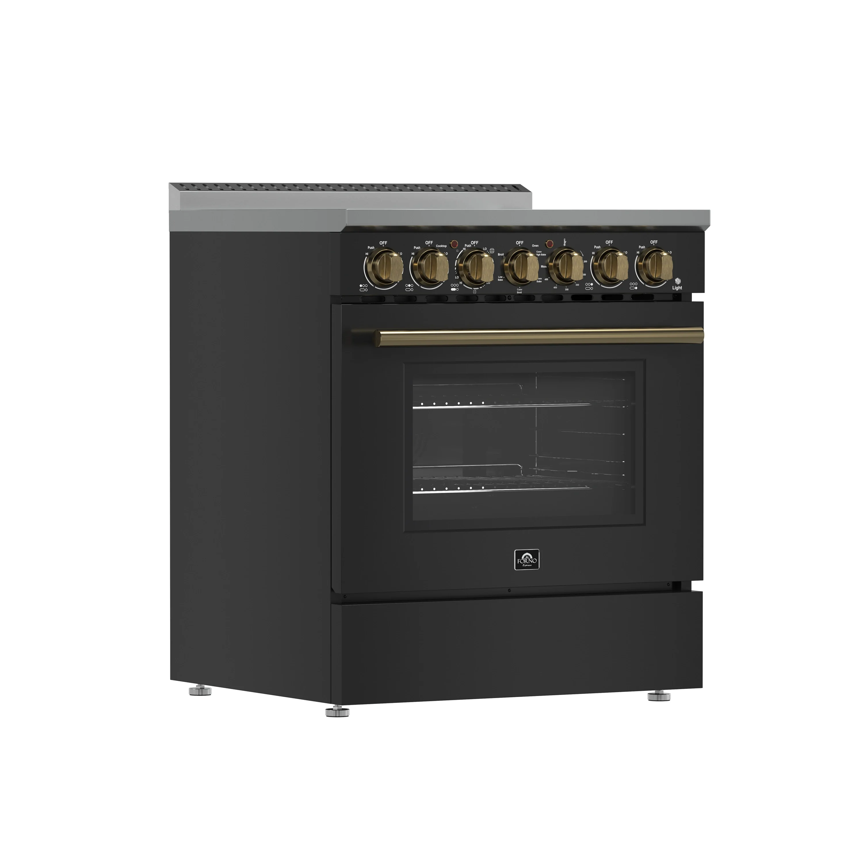 Forno 4-Piece Appliance Package - 30-Inch Electric Range, Wall Mount Range Hood, 60-Inch Refrigerator, and Dishwasher in Black with Antique Brass Handle - Image 4