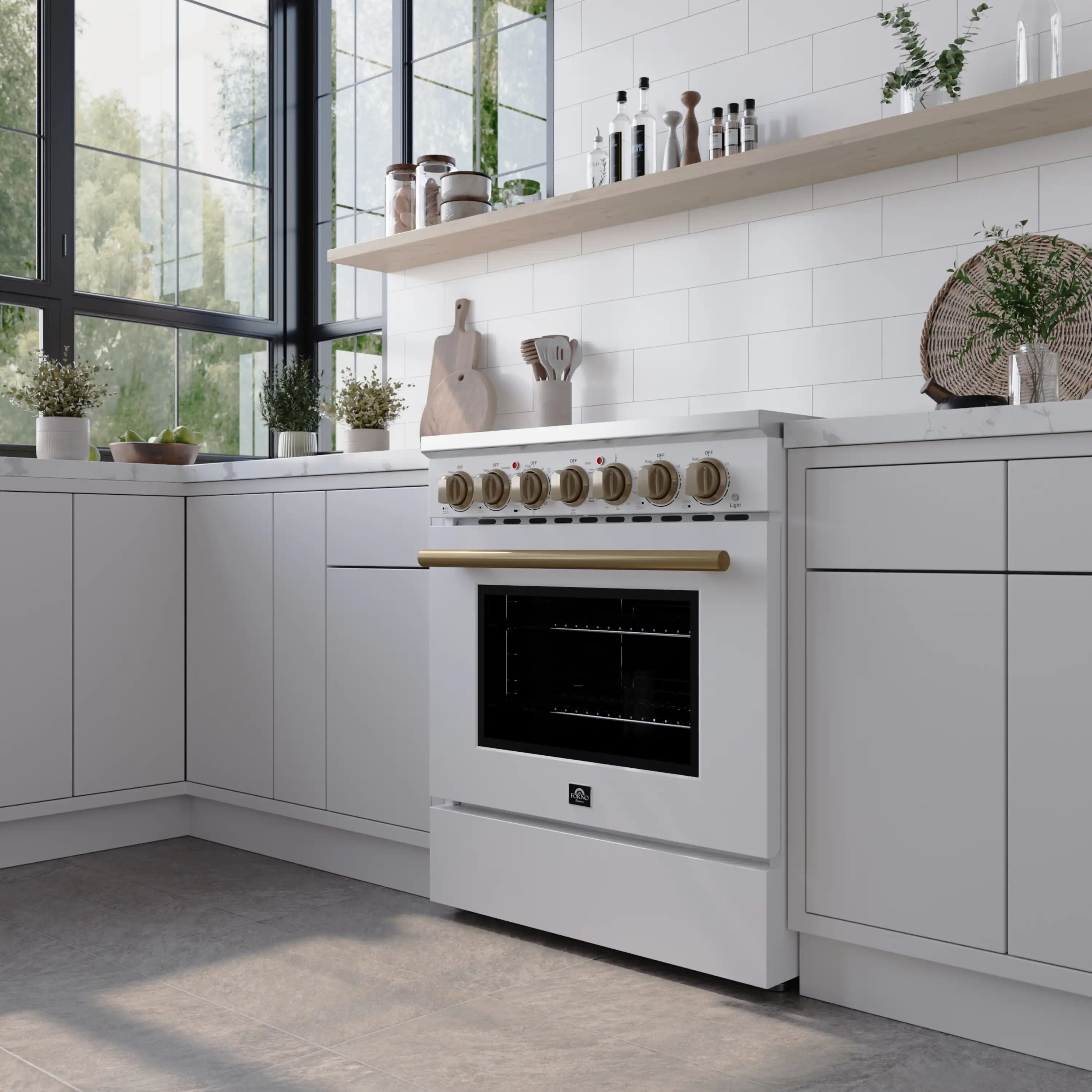Forno 4-Piece Appliance Package - 30-Inch Electric Range, Wall Mount Range Hood, 60-Inch Refrigerator, and Dishwasher in White with Antique Brass Handle - Image 3