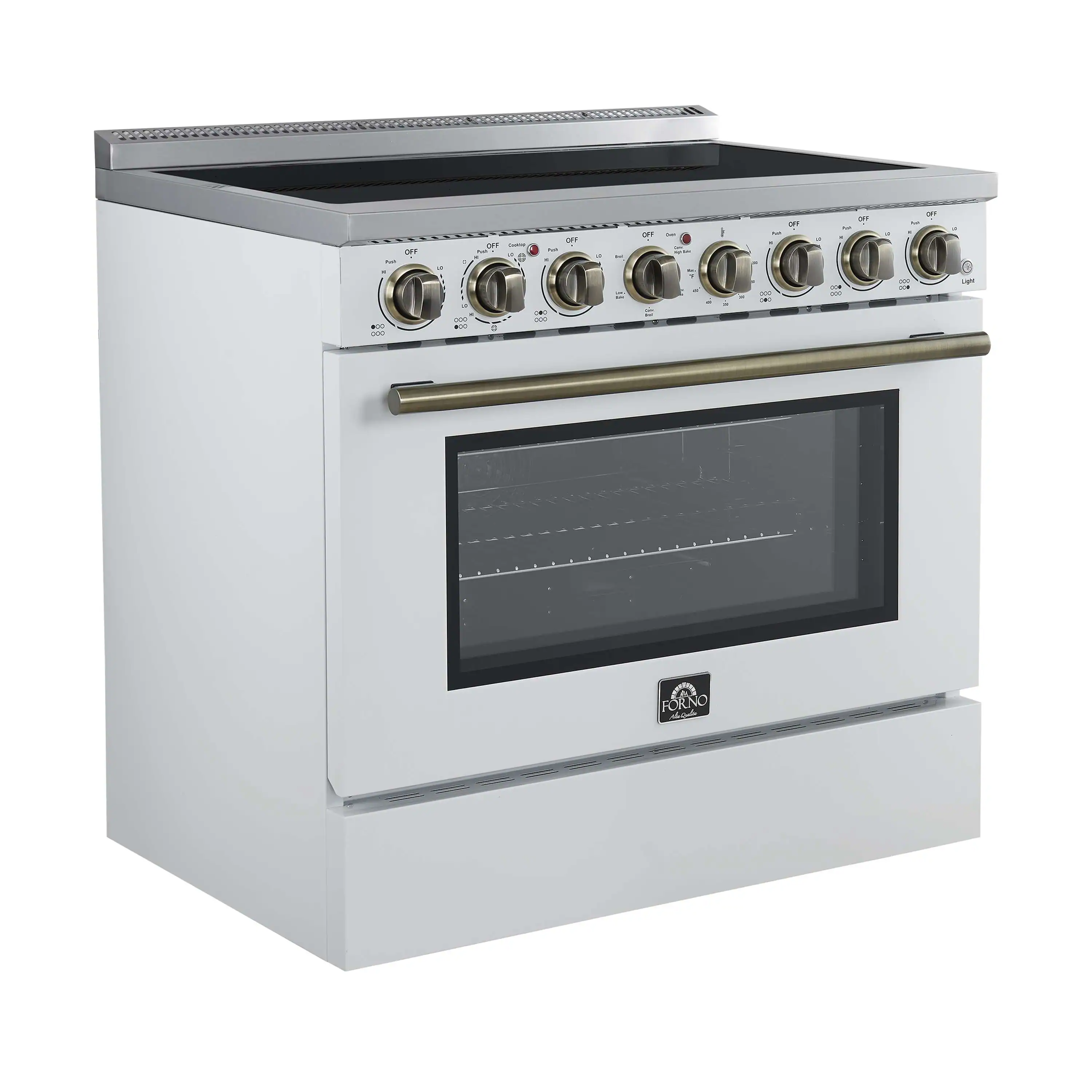 Forno 4-Piece Appliance Package - 36-Inch Electric Range, Wall Mount Range Hood, 60-Inch Refrigerator, and Dishwasher in White with Antique Brass Handle - Image 3