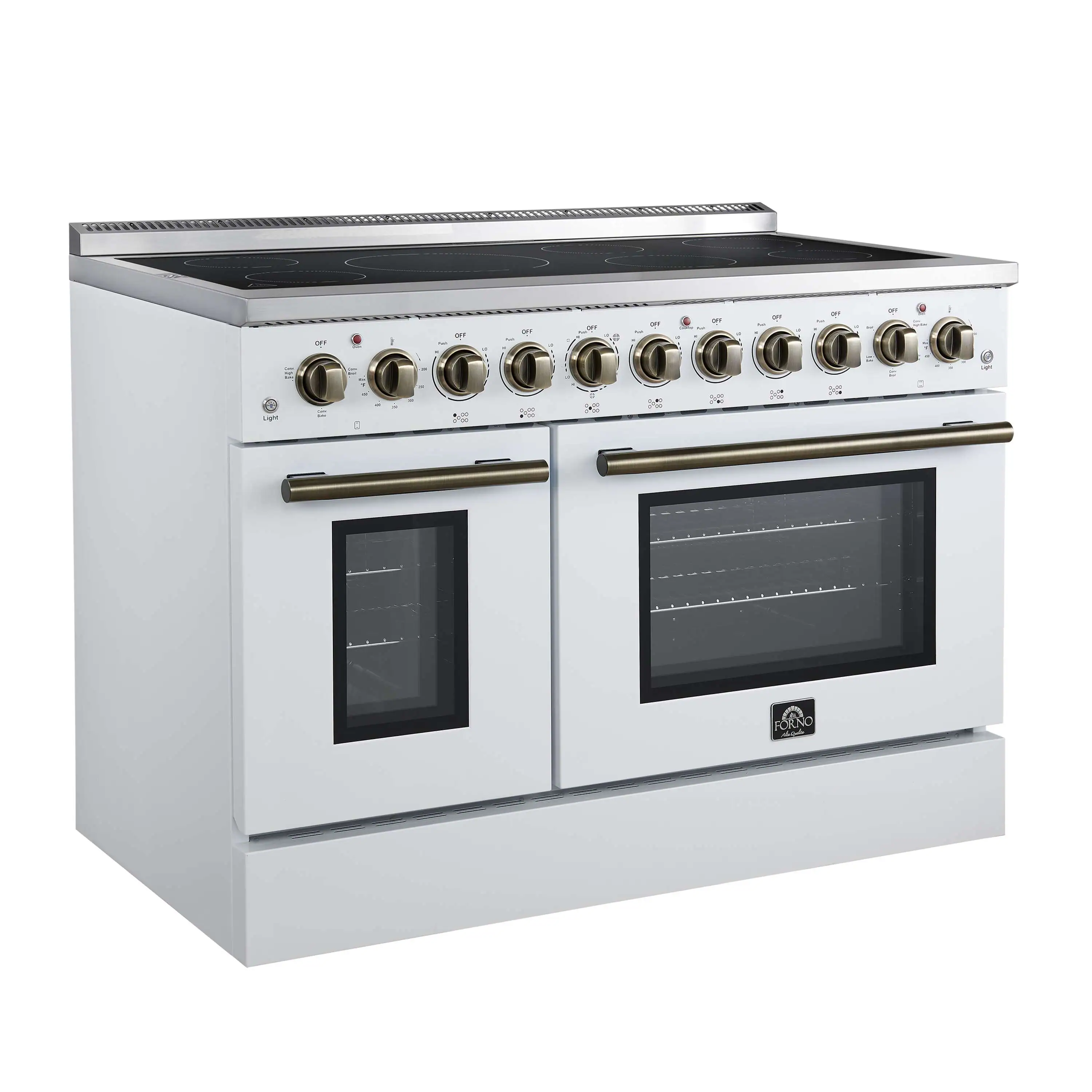 Forno 4-Piece Appliance Package - 48-Inch Electric Range, Wall Mount Range Hood, 36-Inch Refrigerator, and Dishwasher in White with Antique Brass Handle - Image 3