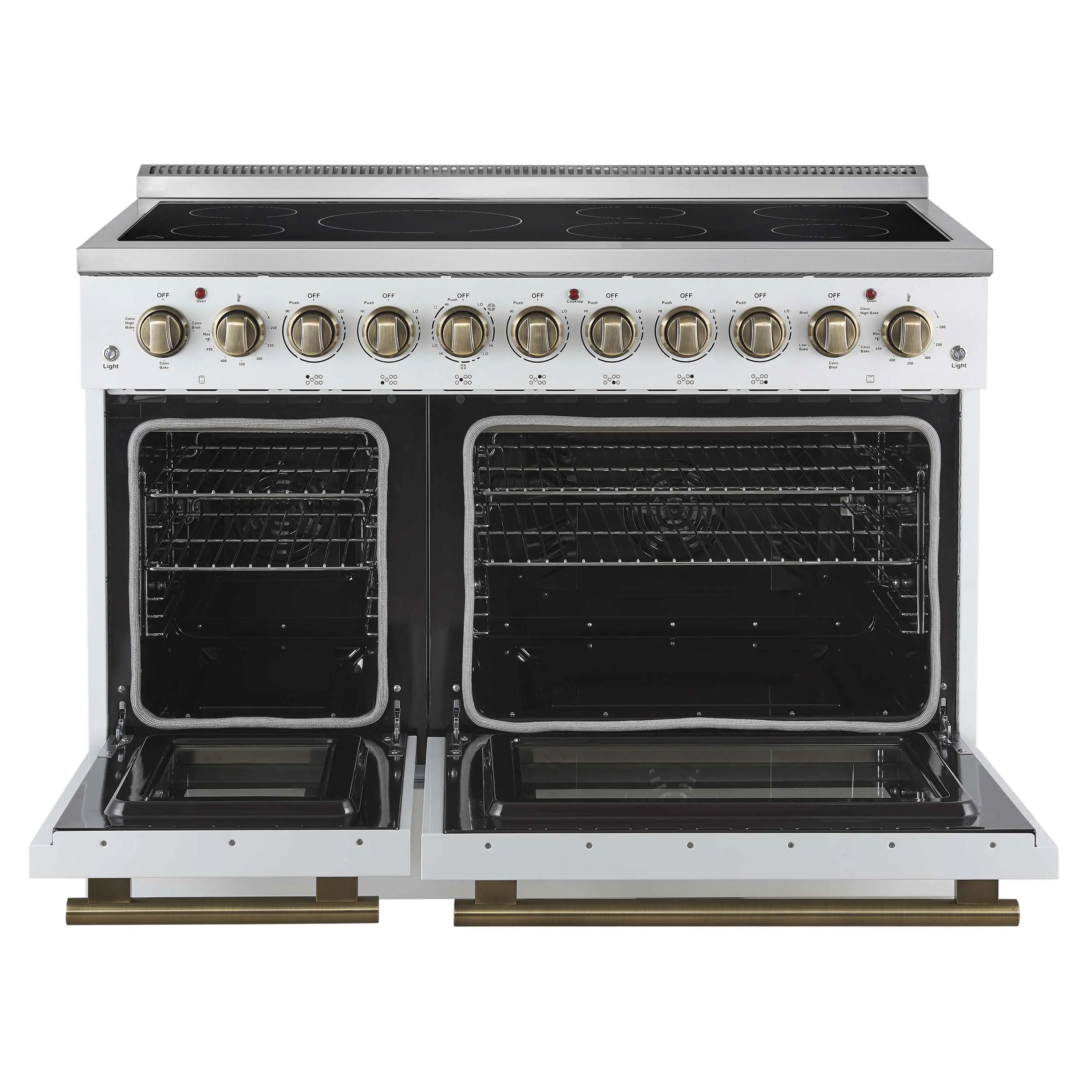 Forno 4-Piece Appliance Package - 48-Inch Electric Range, Wall Mount Range Hood, 36-Inch Refrigerator, and Dishwasher in White with Antique Brass Handle - Image 5
