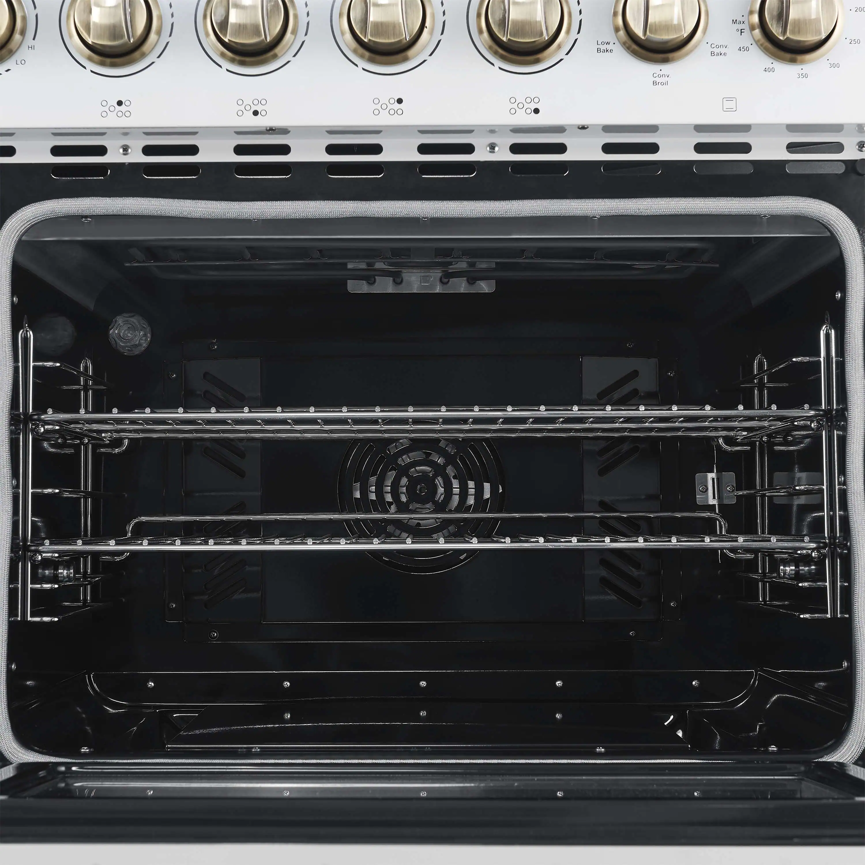 Forno 4-Piece Appliance Package - 48-Inch Electric Range, Wall Mount Range Hood, 60-Inch Refrigerator, and Dishwasher in White with Antique Brass Handle - Image 10
