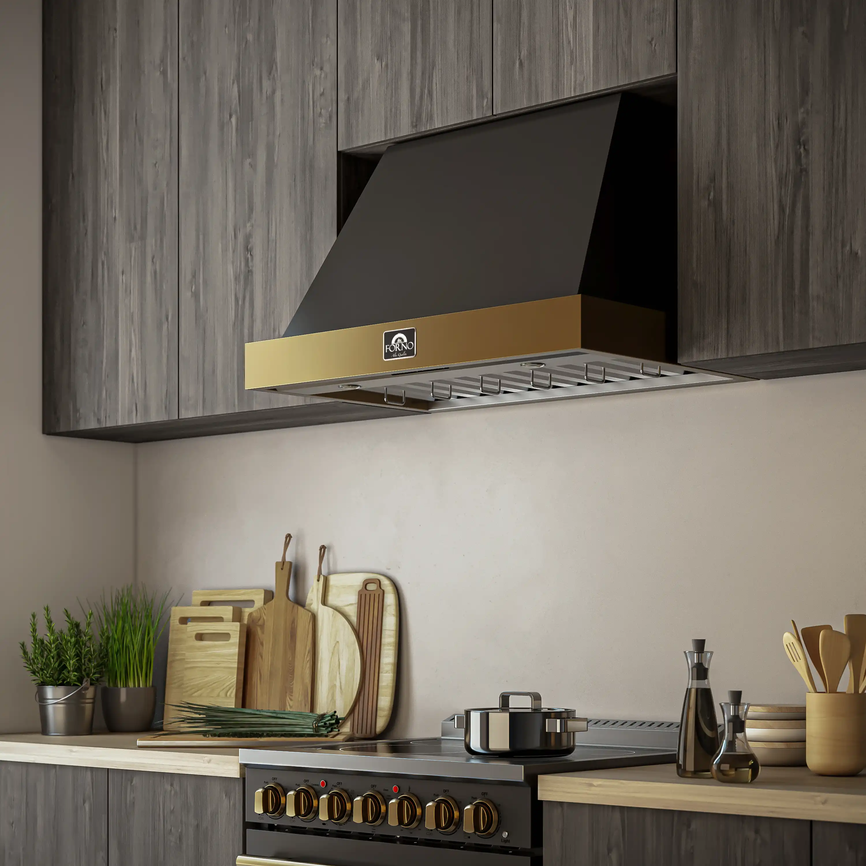 Forno 4-Piece Appliance Package - 36-Inch Dual Fuel Range, Wall Mount Range Hood, 60-Inch Convertible Refrigerator with Modern Trim, and Dishwasher in Black with Antique Brass Handle - Image 13