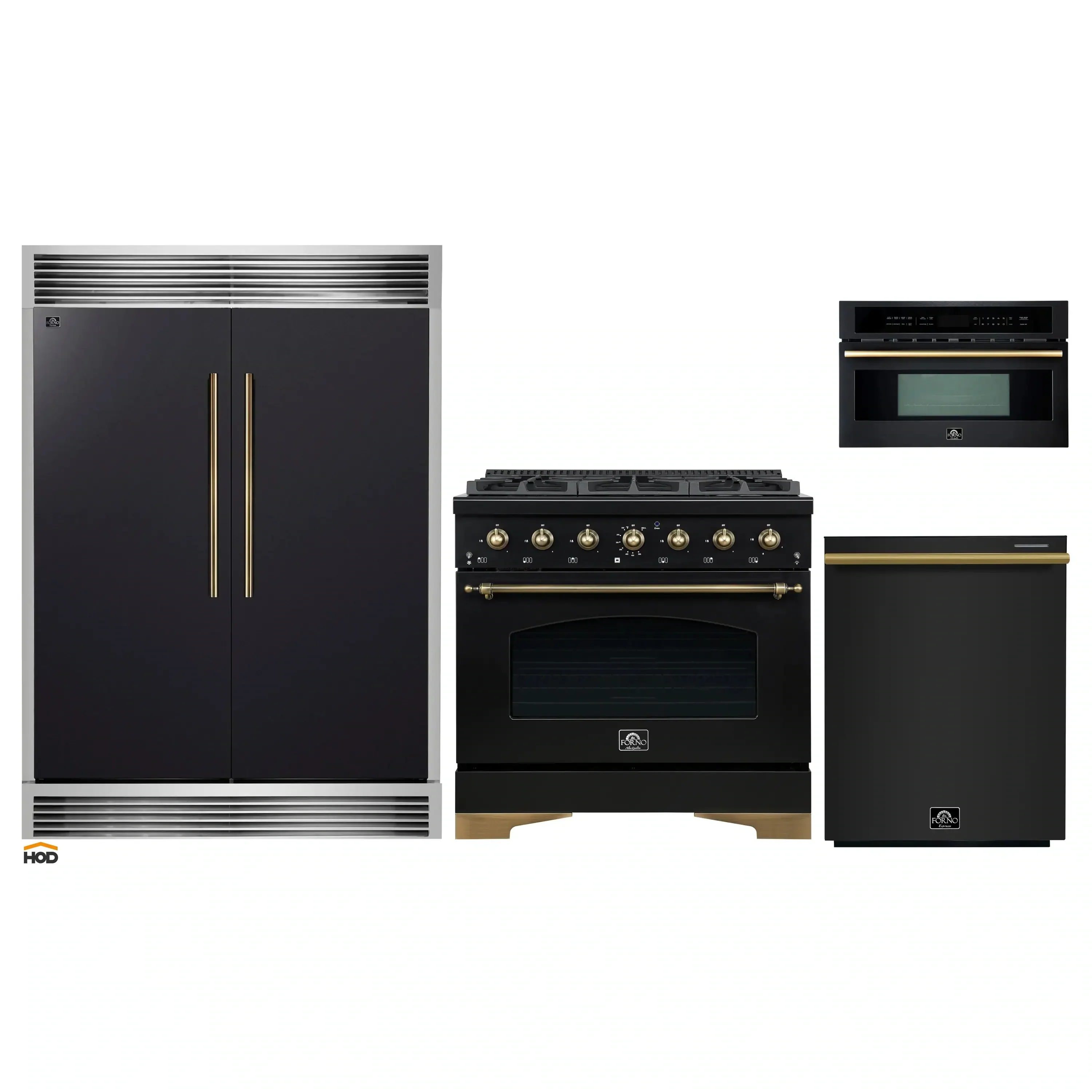 Forno 4-Piece Appliance Package - 36-Inch Dual Fuel Range, 60-Inch Convertible Refrigerator with Modern Grille Trim, Dishwasher, and 30-Inch Microwave Oven in Black with Antique Brass Handle - Image 39
