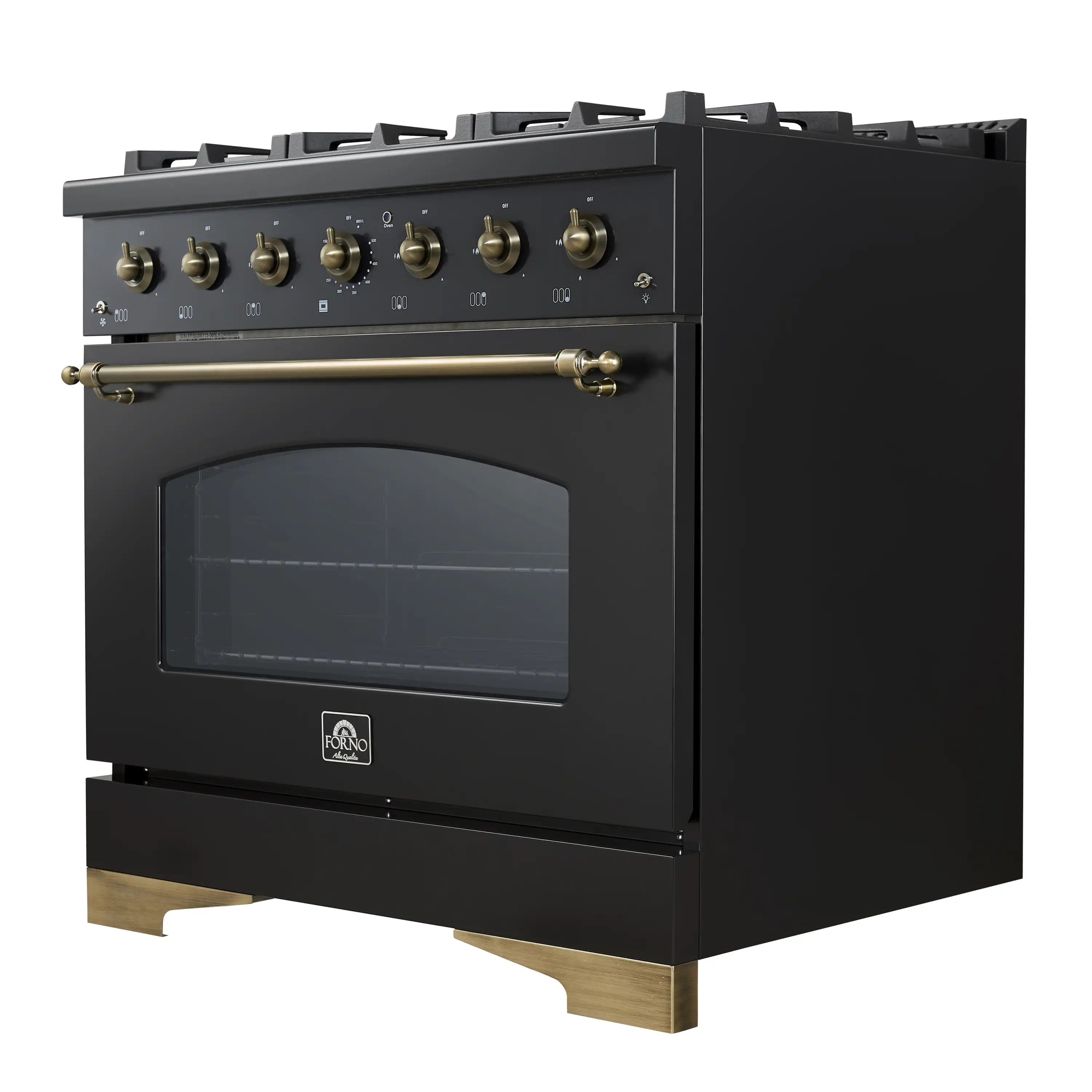 Forno 4-Piece Appliance Package - 36-Inch Dual Fuel Range, 60-Inch Convertible Refrigerator with Modern Grille Trim, Dishwasher, and 24-Inch Microwave Oven in Black with Antique Brass Handle - Image 10