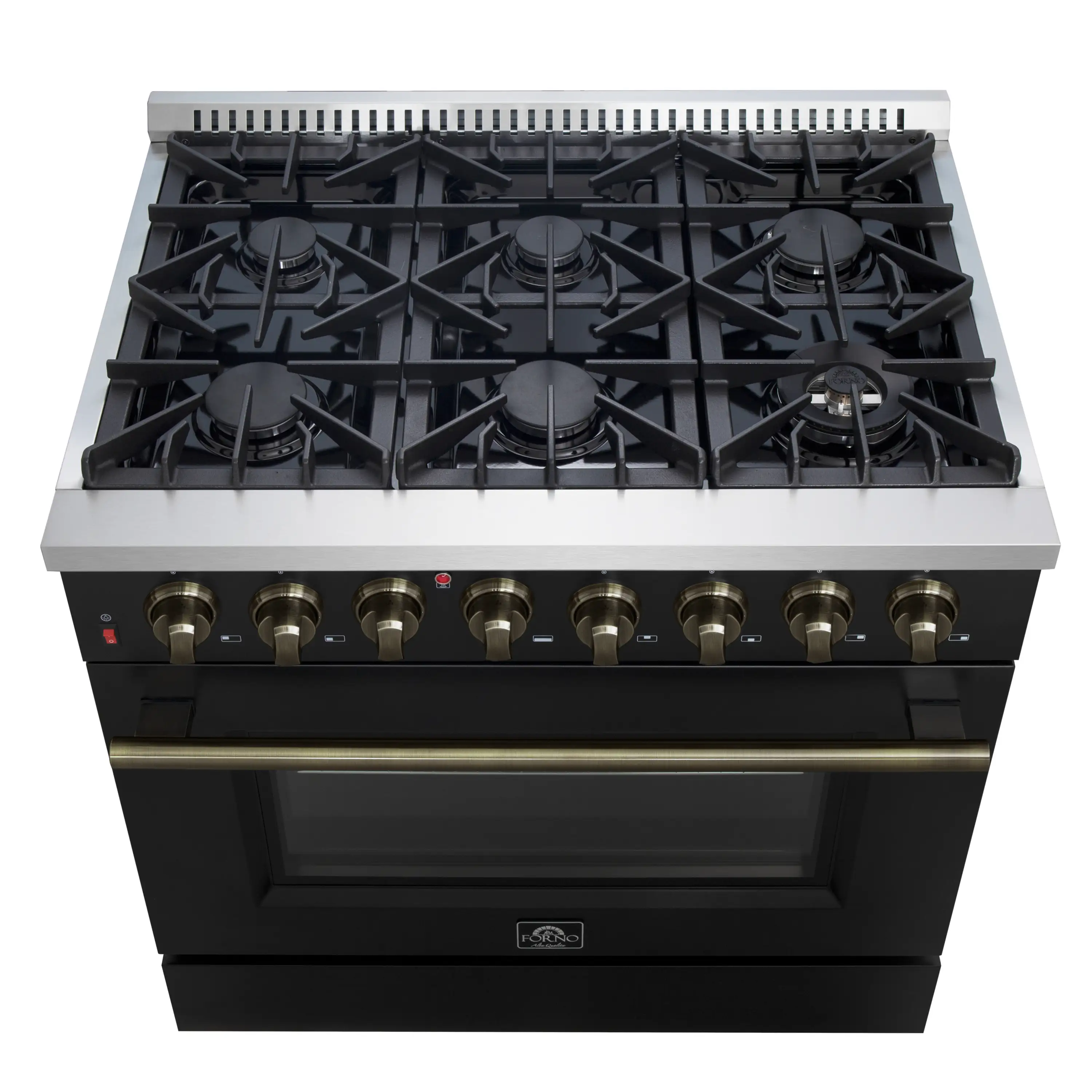 Forno 4-Piece Appliance Package - 36-Inch Dual Fuel Range, 60-Inch Convertible Refrigerator with Modern Trim, Dishwasher, and 24-Inch Microwave Oven in Black with Antique Brass Handle - Image 3