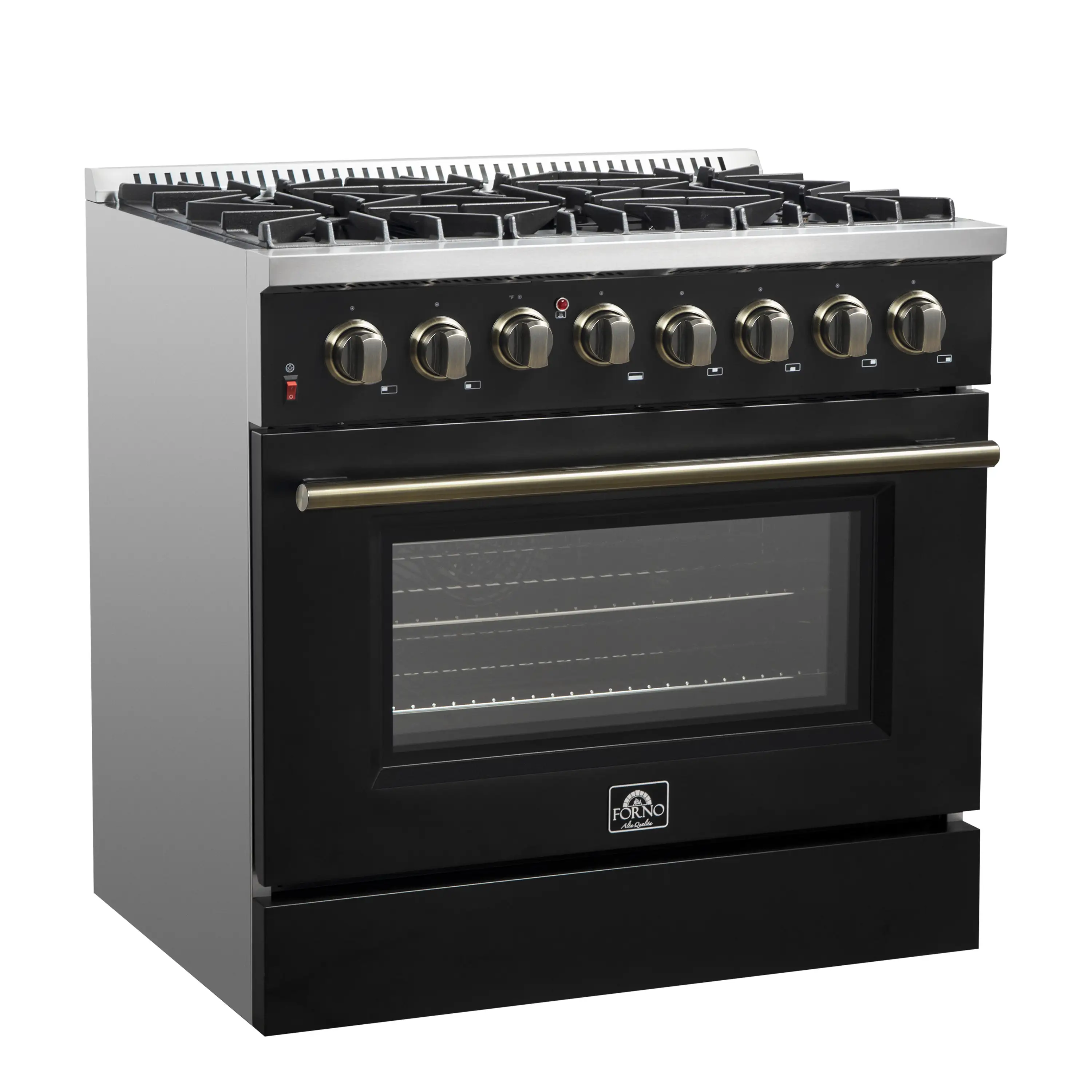 Forno 4-Piece Appliance Package - 36-Inch Dual Fuel Range, 60-Inch Convertible Refrigerator with Modern Trim, Dishwasher, and 24-Inch Microwave Oven in Black with Antique Brass Handle - Image 4