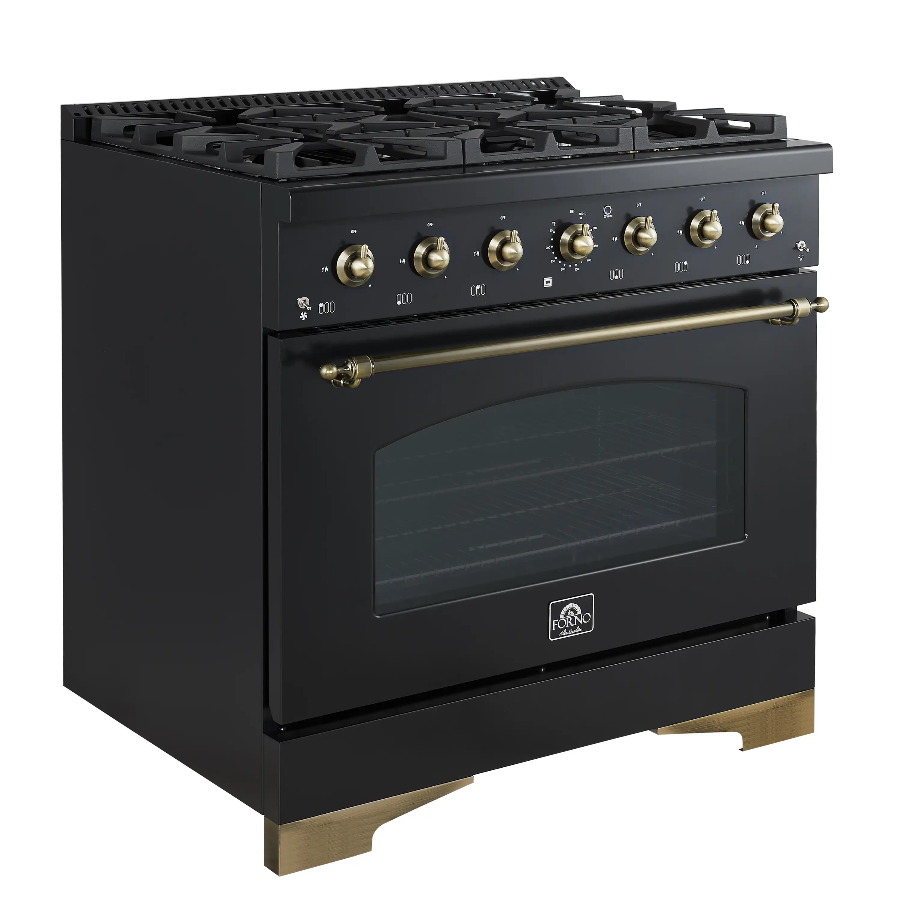Forno 4-Piece Appliance Package - 36-Inch Gas Range, Wall Mount Range Hood, 60-Inch Convertible Refrigerator with Modern Trim, and Dishwasher in Black with Antique Brass Handle - Image 3