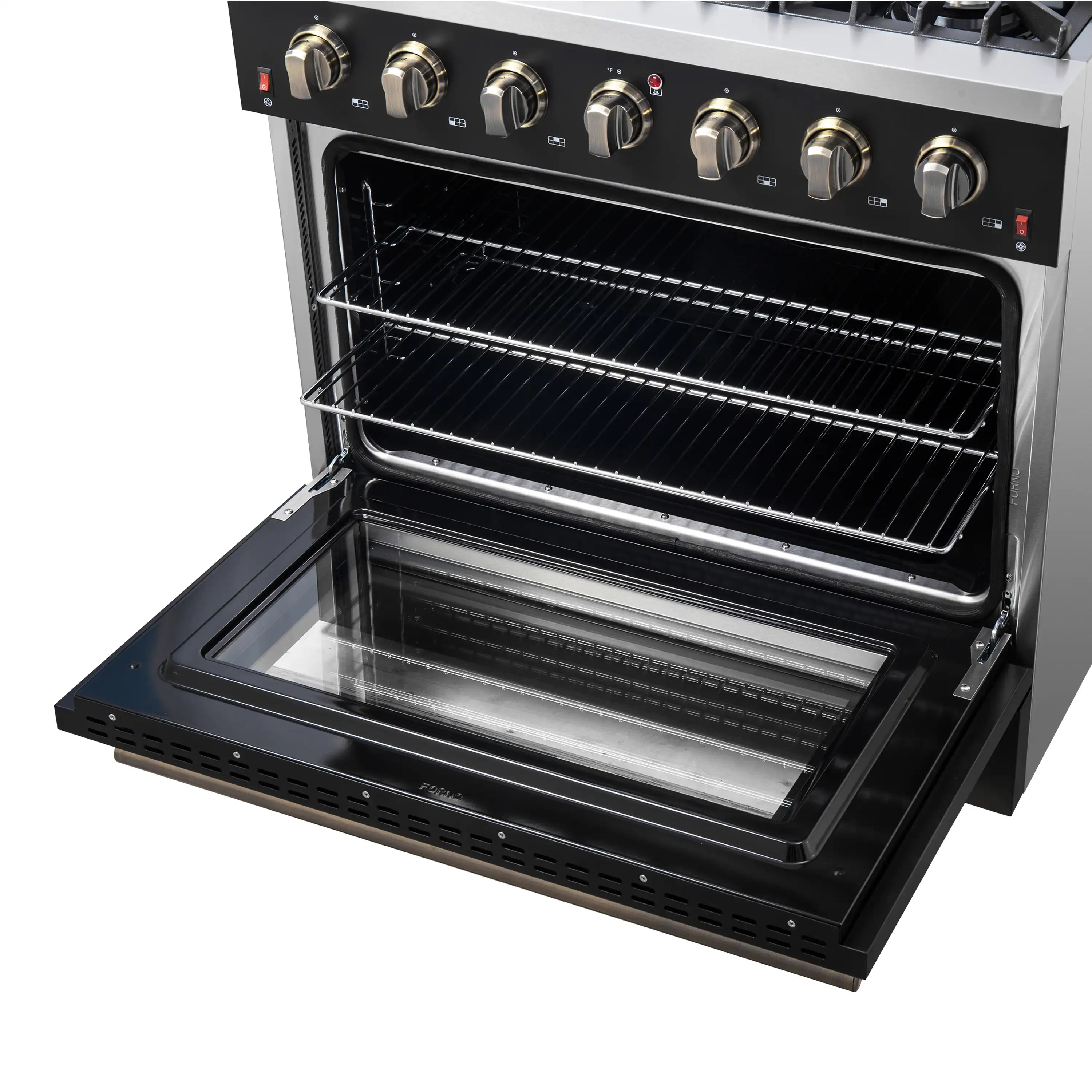 Forno 4-Piece Appliance Package - 36-Inch Gas Range, Wall Mount Range Hood, 60-Inch Convertible Refrigerator with Modern Trim, and Dishwasher in Black with Antique Brass Handle - Image 10