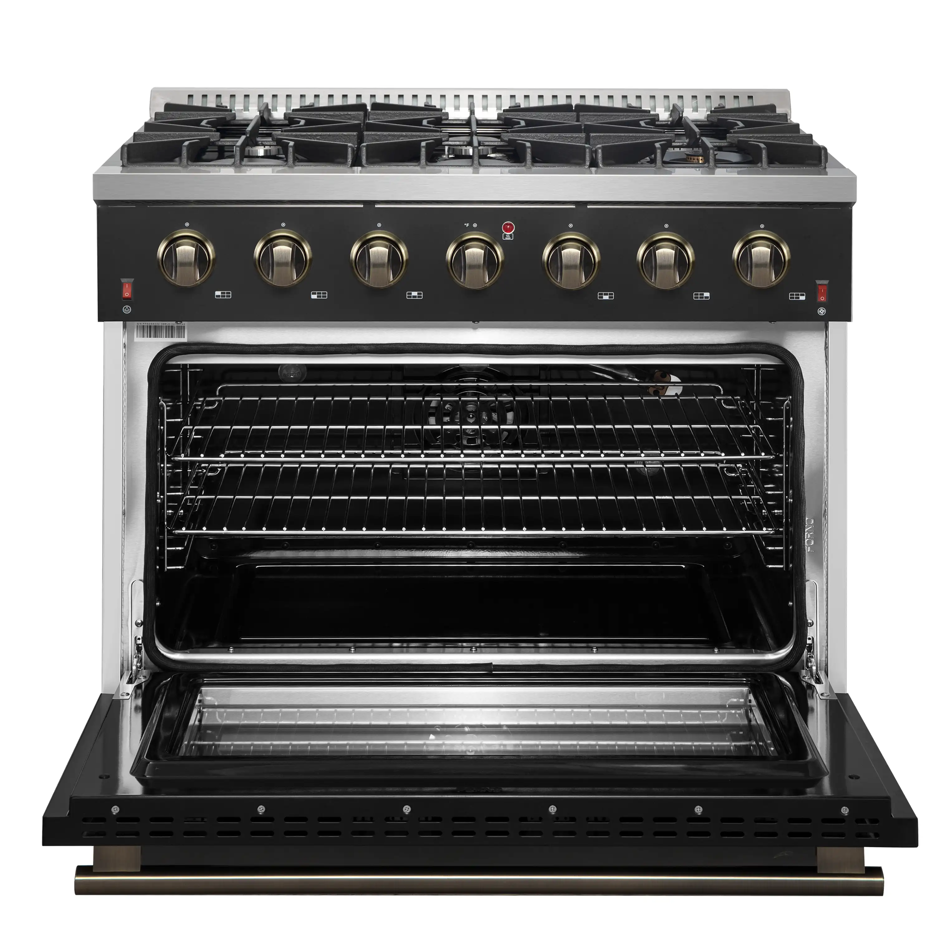 Forno 4-Piece Appliance Package - 36-Inch Gas Range, Wall Mount Range Hood, 60-Inch Convertible Refrigerator with Modern Trim, and Dishwasher in Black with Antique Brass Handle - Image 5