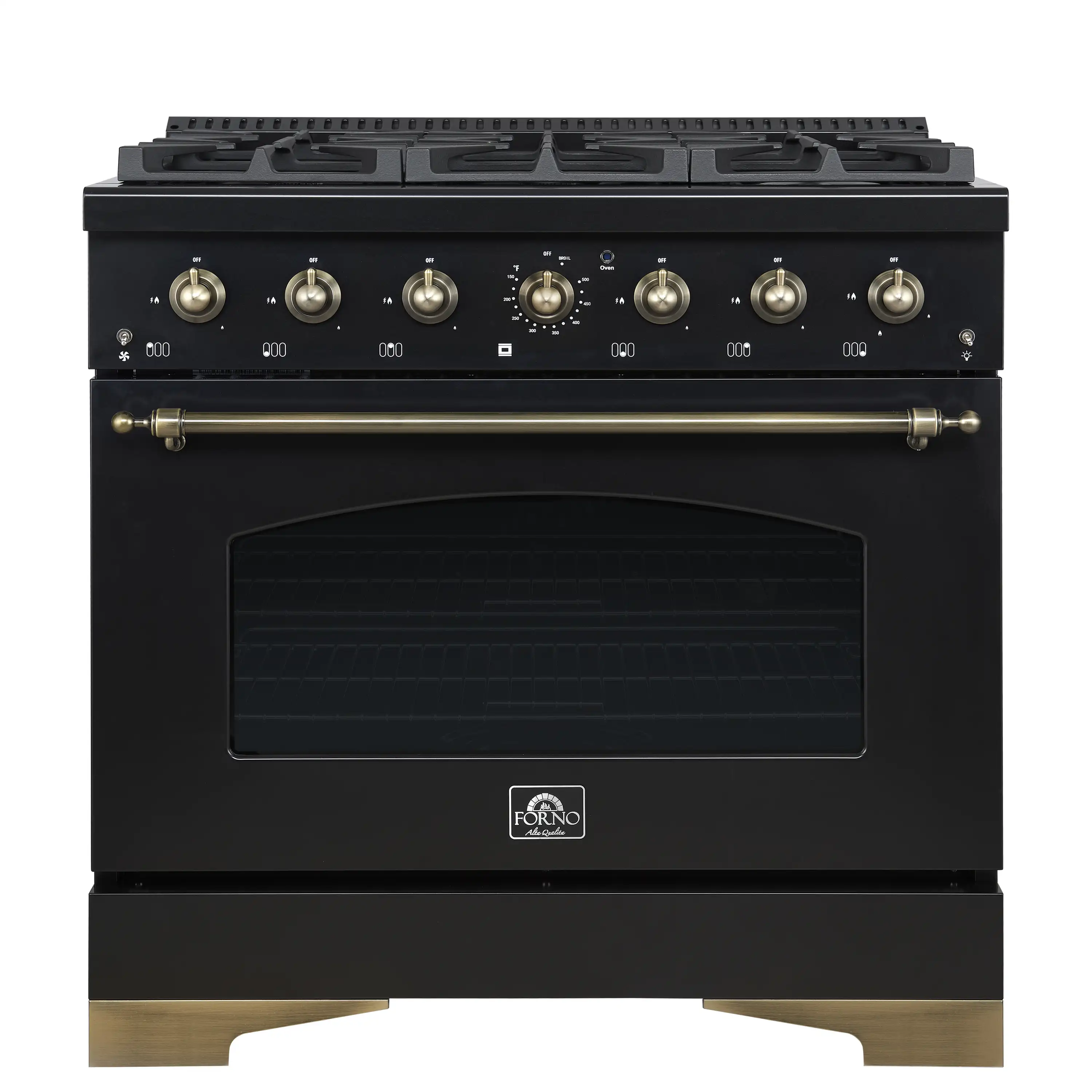 Forno 4-Piece Appliance Package - 36-Inch Gas Range, 60-Inch Convertible Refrigerator with Modern Grille Trim, Dishwasher, and 24-Inch Microwave Oven in Black with Antique Brass Handle - Image 2
