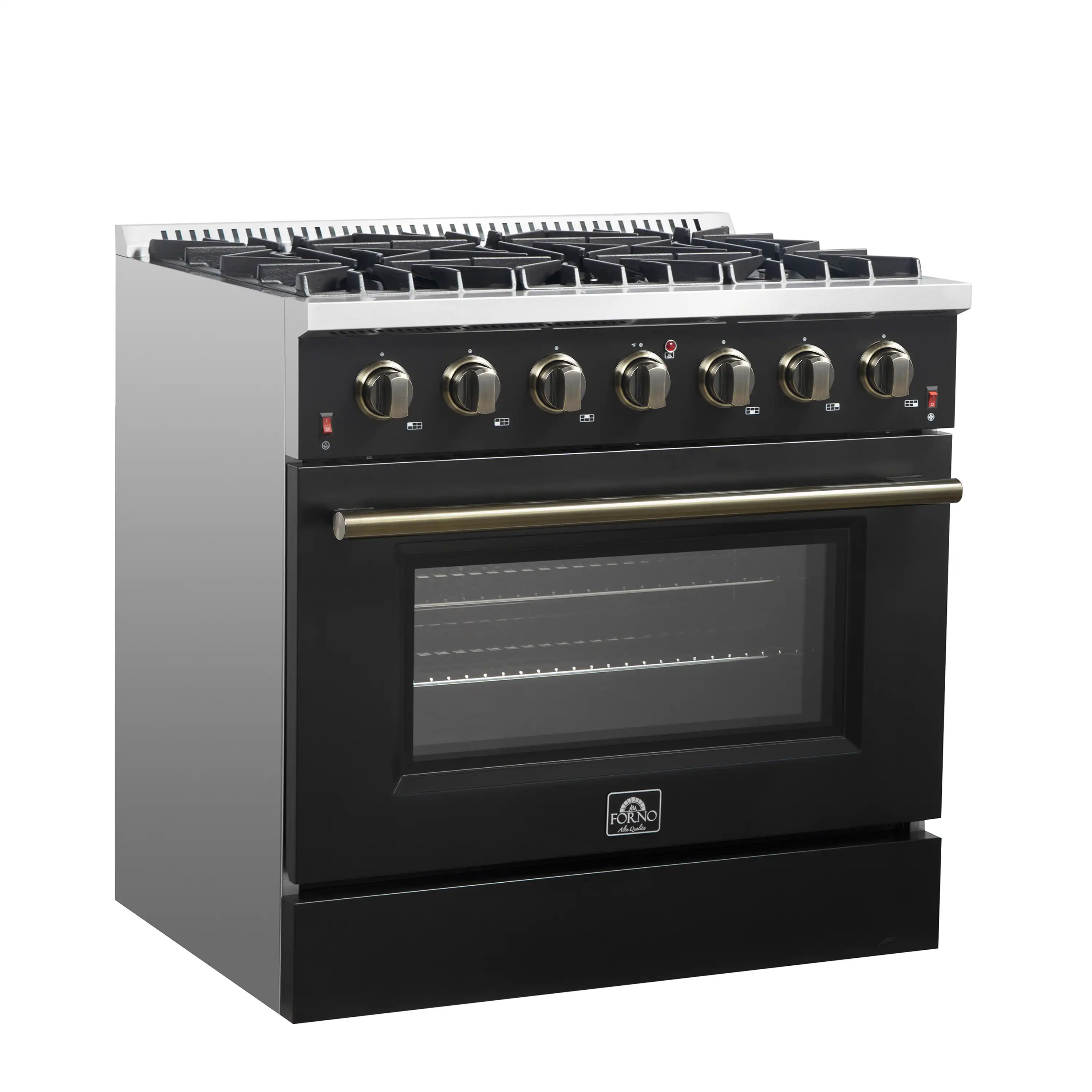 Forno 4-Piece Appliance Package - 36-Inch Gas Range, 60-Inch Convertible Refrigerator with Modern Trim, Dishwasher, and 24-Inch Microwave Oven in Black with Antique Brass Handle - Image 4