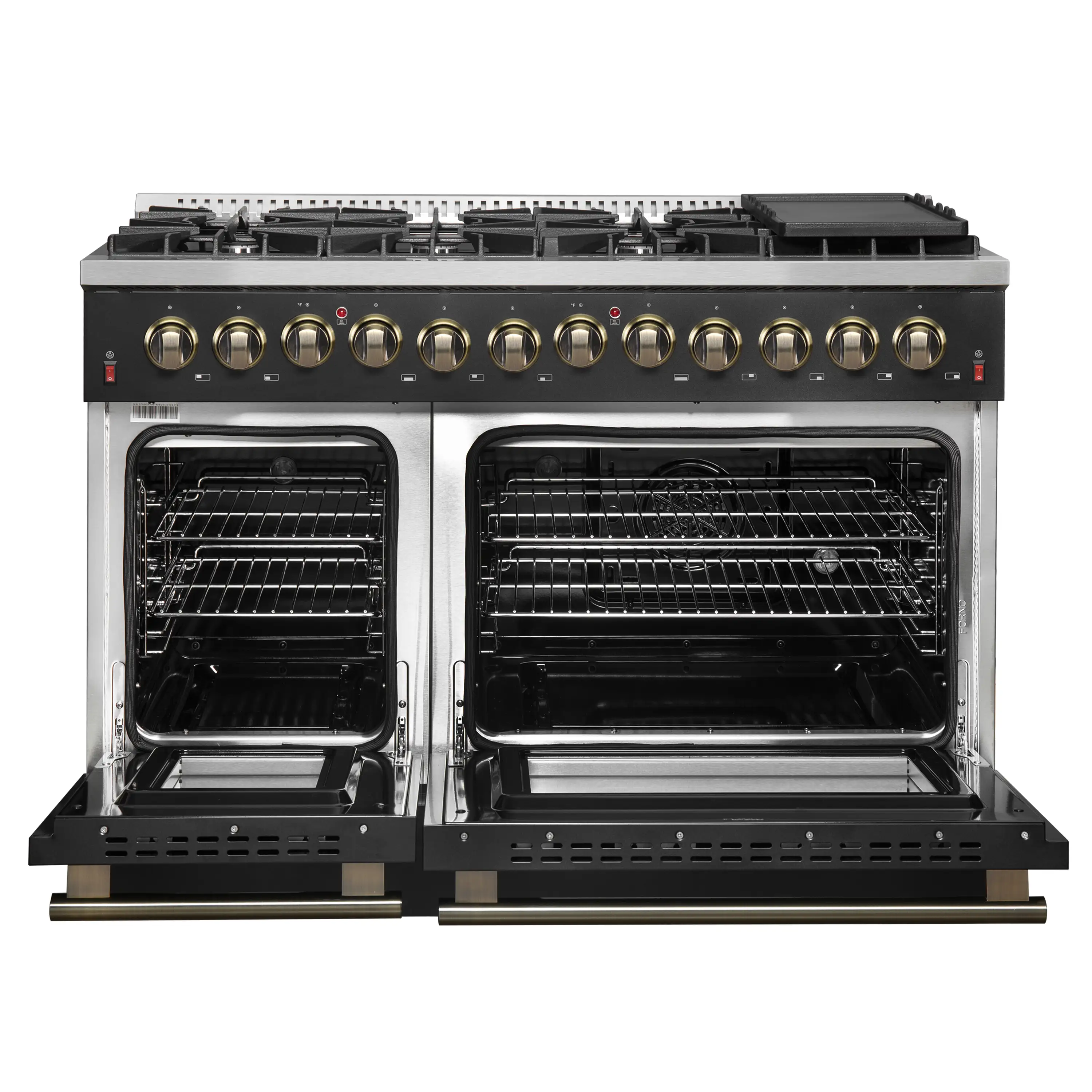 Forno 4-Piece Appliance Package - 48-Inch Dual Fuel Range, 60-Inch Convertible Refrigerator with Modern Trim, Dishwasher, and 30-Inch Microwave Drawer in Black with Antique Brass Handle - Image 8
