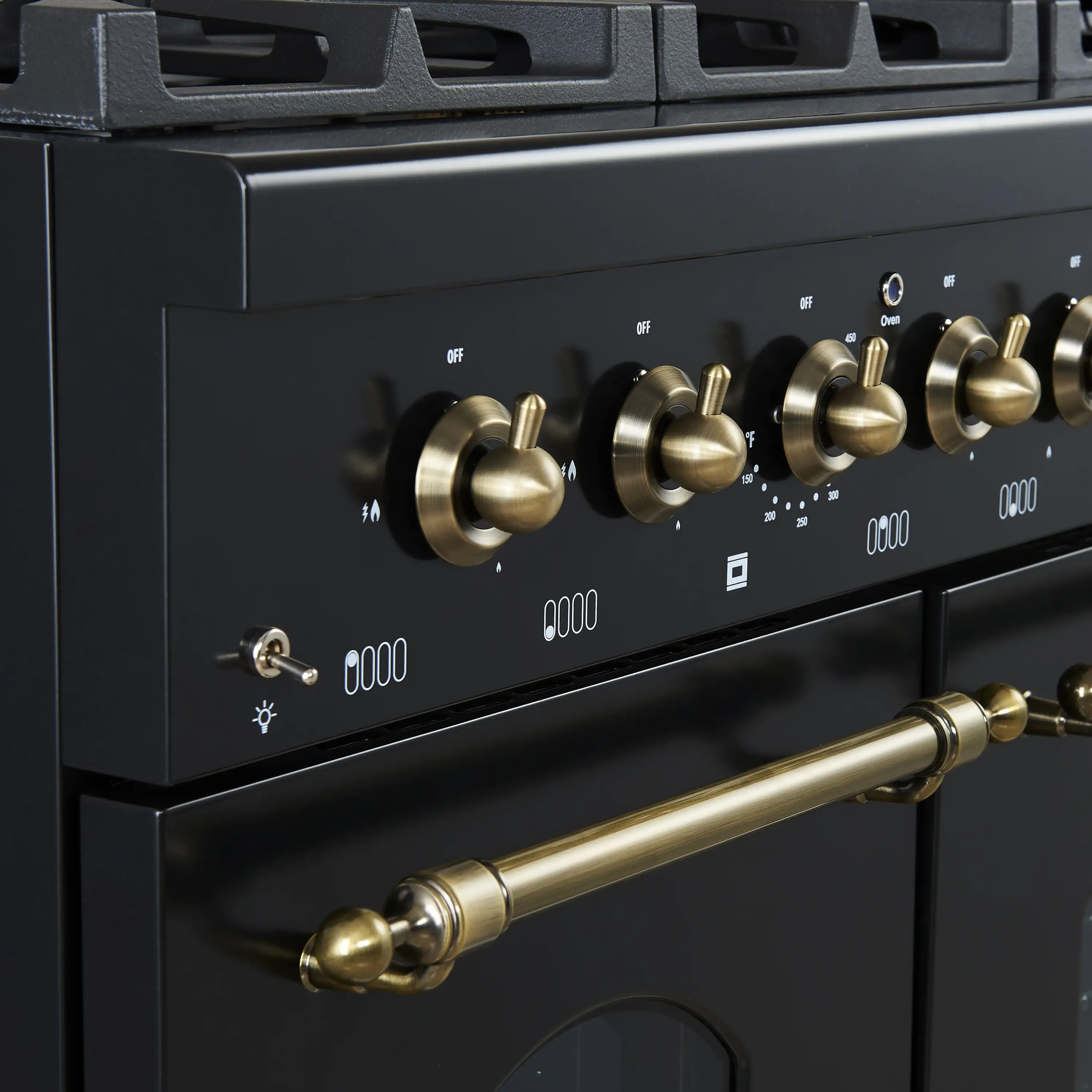 Forno 4-Piece Appliance Package - 48-Inch Dual Fuel Range, 60-Inch Convertible Refrigerator with Modern Grille Trim, Dishwasher, and 24-Inch Microwave Oven in Black with Antique Brass Handle - Image 4