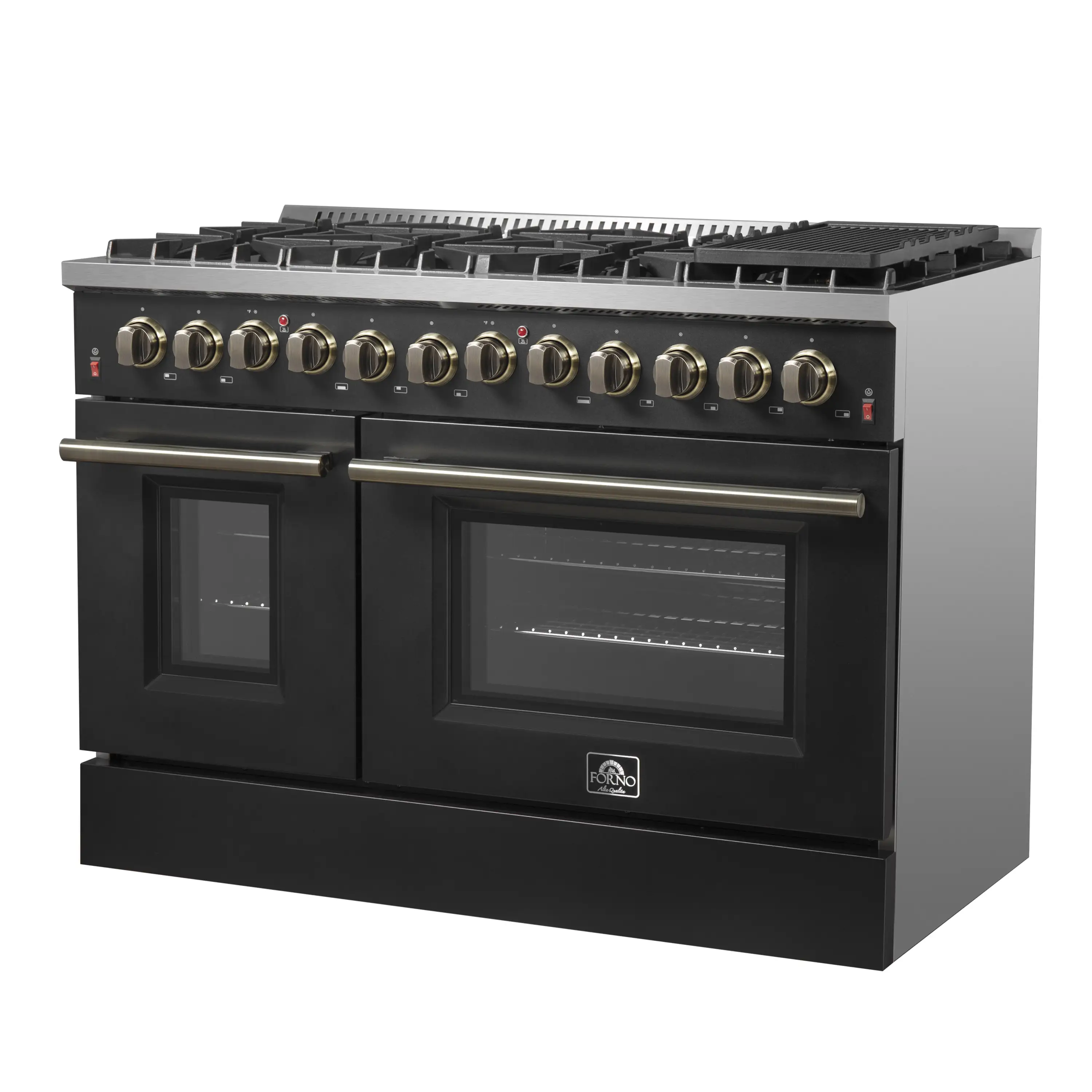 Forno 4-Piece Appliance Package - 48-Inch Dual Fuel Range, 60-Inch Convertible Refrigerator with Modern Trim, Dishwasher, and 24-Inch Microwave Oven in Black with Antique Brass Handle - Image 5