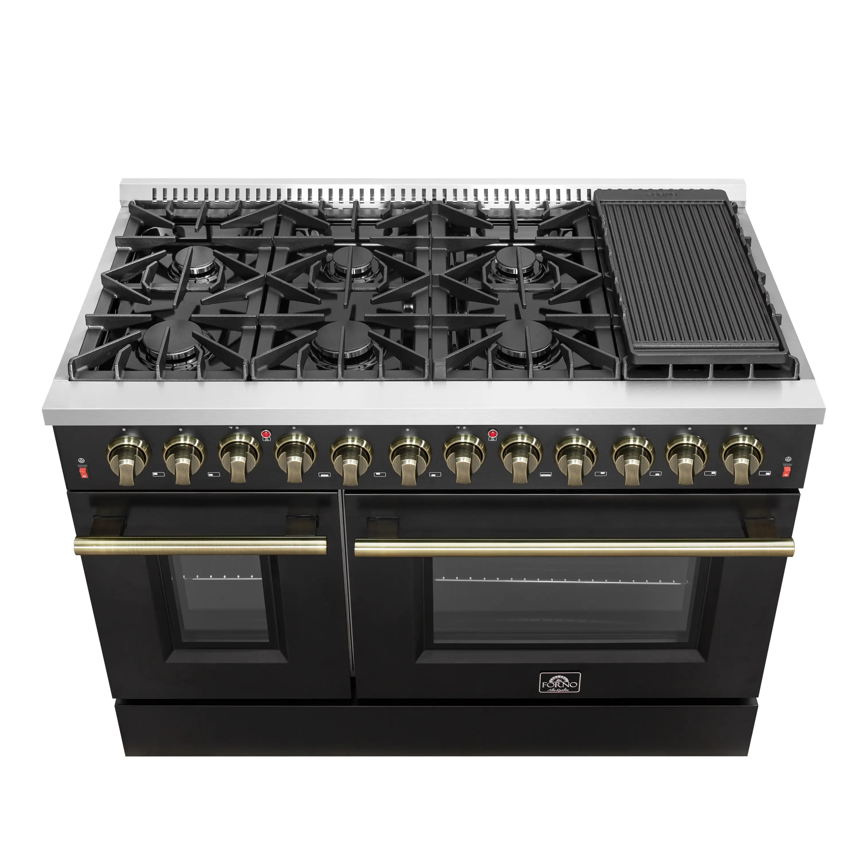Forno 4-Piece Appliance Package - 48-Inch Dual Fuel Range, 60-Inch Convertible Refrigerator with Modern Trim, Dishwasher, in Black with Antique Brass Handle - Image 3