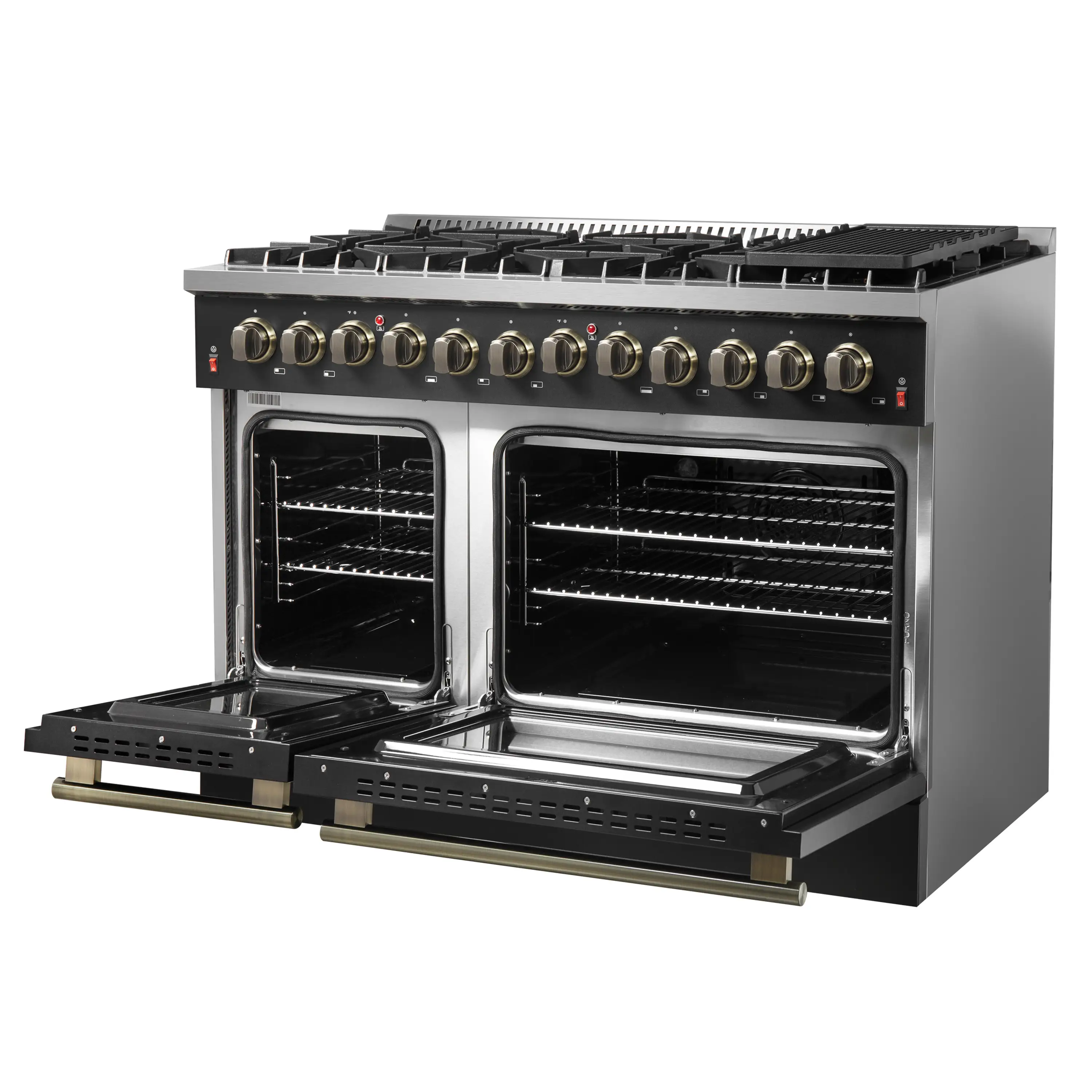 Forno 4-Piece Appliance Package - 48-Inch Dual Fuel Range, 60-Inch Convertible Refrigerator with Modern Trim, Dishwasher, in Black with Antique Brass Handle - Image 7