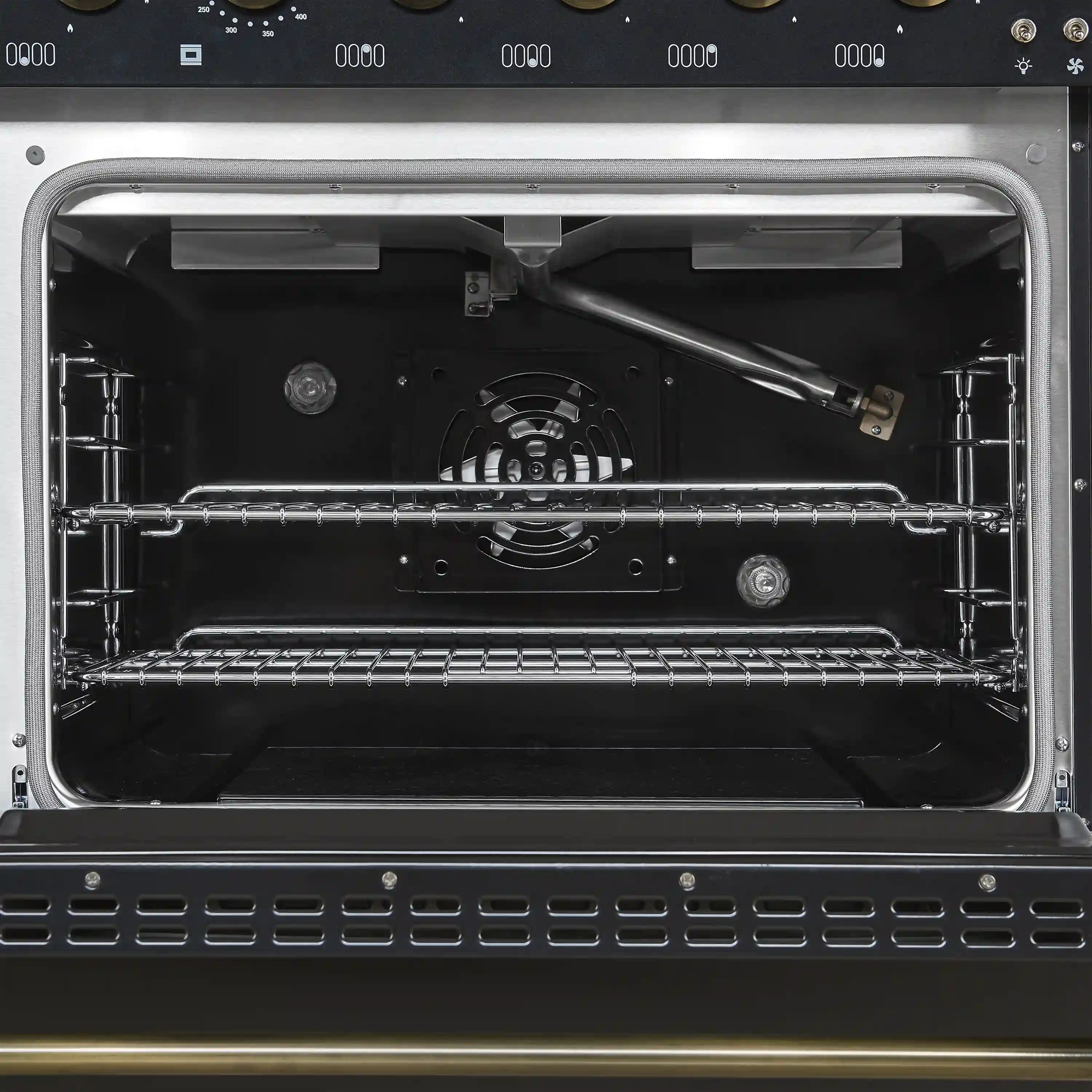 Forno 4-Piece Appliance Package - 48-Inch Gas Range, 60-Inch Convertible Refrigerator with Modern Grille Trim, Dishwasher, and 24-Inch Microwave Drawer in Black with Antique Brass Handle - Image 8