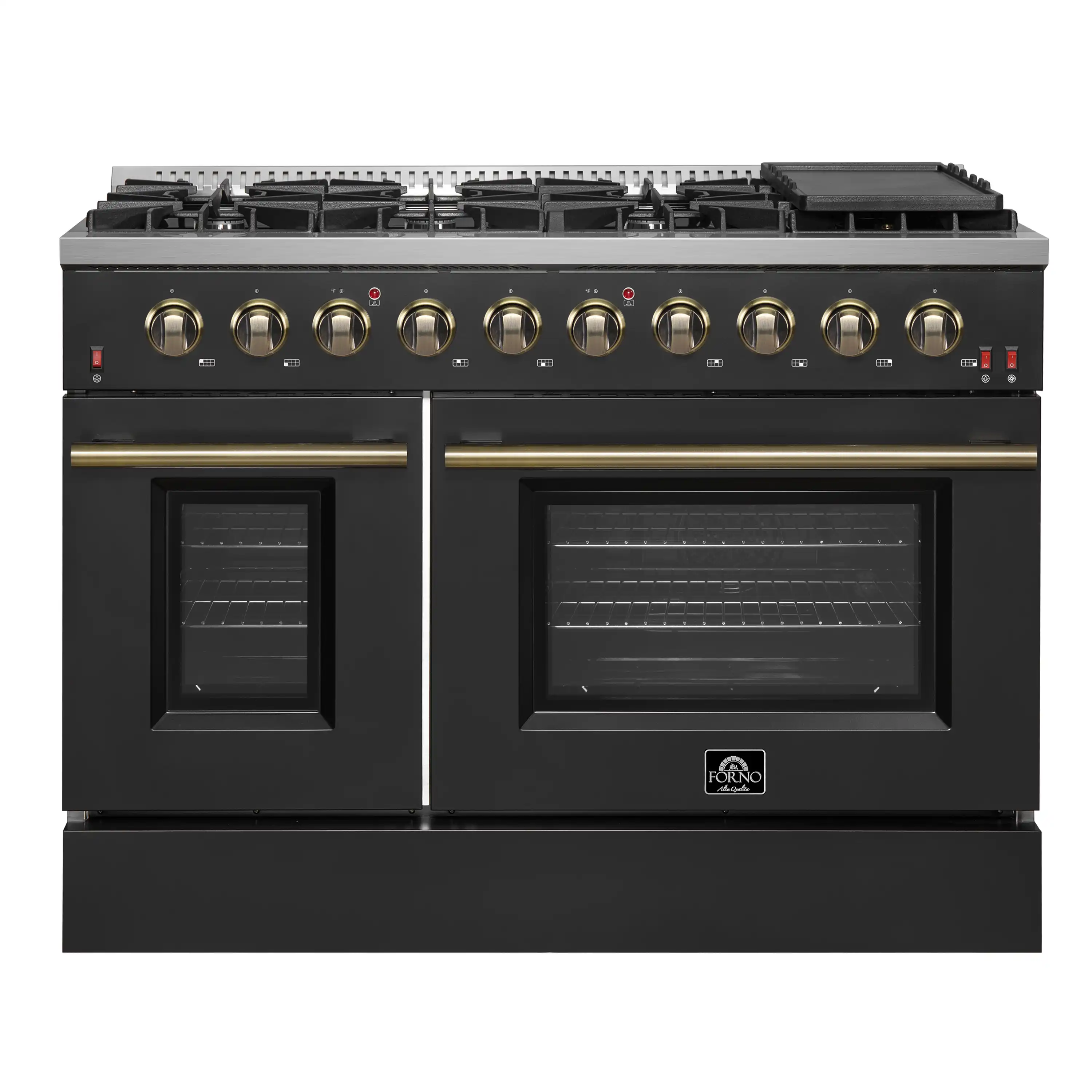 Forno 4-Piece Appliance Package - 48-Inch Gas Range, 60-Inch Convertible Refrigerator with Modern Trim, Dishwasher, and 24-Inch Microwave Oven in Black with Antique Brass Handle - Image 2