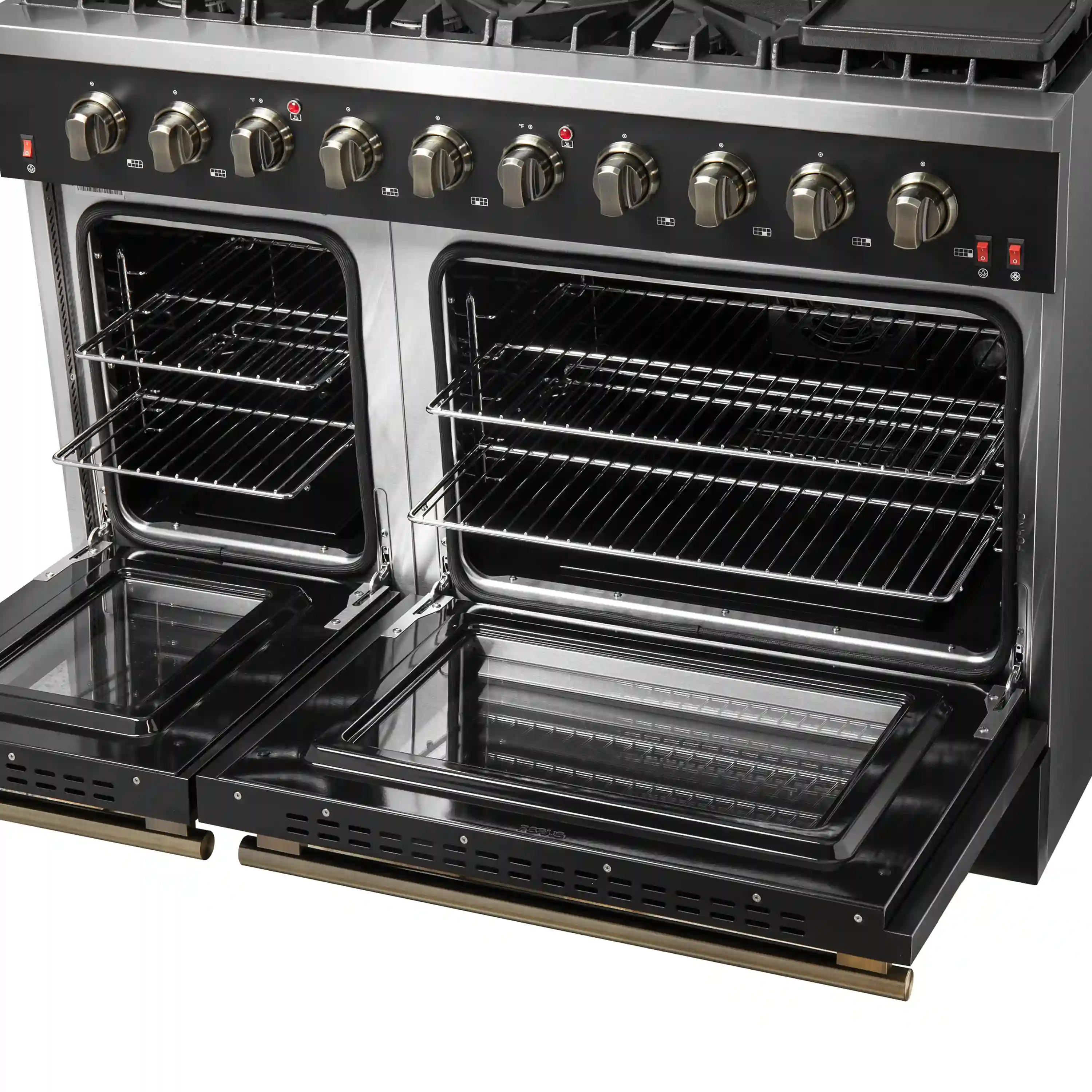 Forno 4-Piece Appliance Package - 48-Inch Gas Range, 60-Inch Convertible Refrigerator with Modern Trim, Dishwasher, in Black with Antique Brass Handle - Image 9