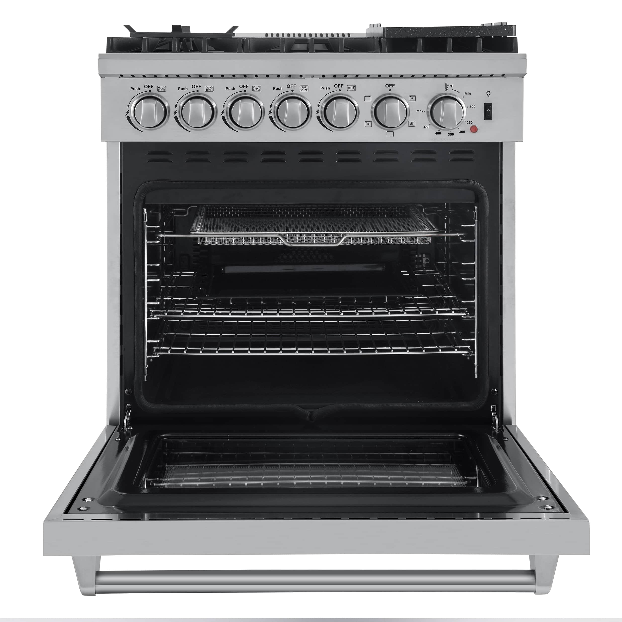 Forno 4-Piece Appliance Package - 30-Inch Dual Fuel Range with Air Fryer, Refrigerator with Water Dispenser, Wall Mount Hood with Backsplash, & 3-Rack Dishwasher in Stainless Steel - Image 3