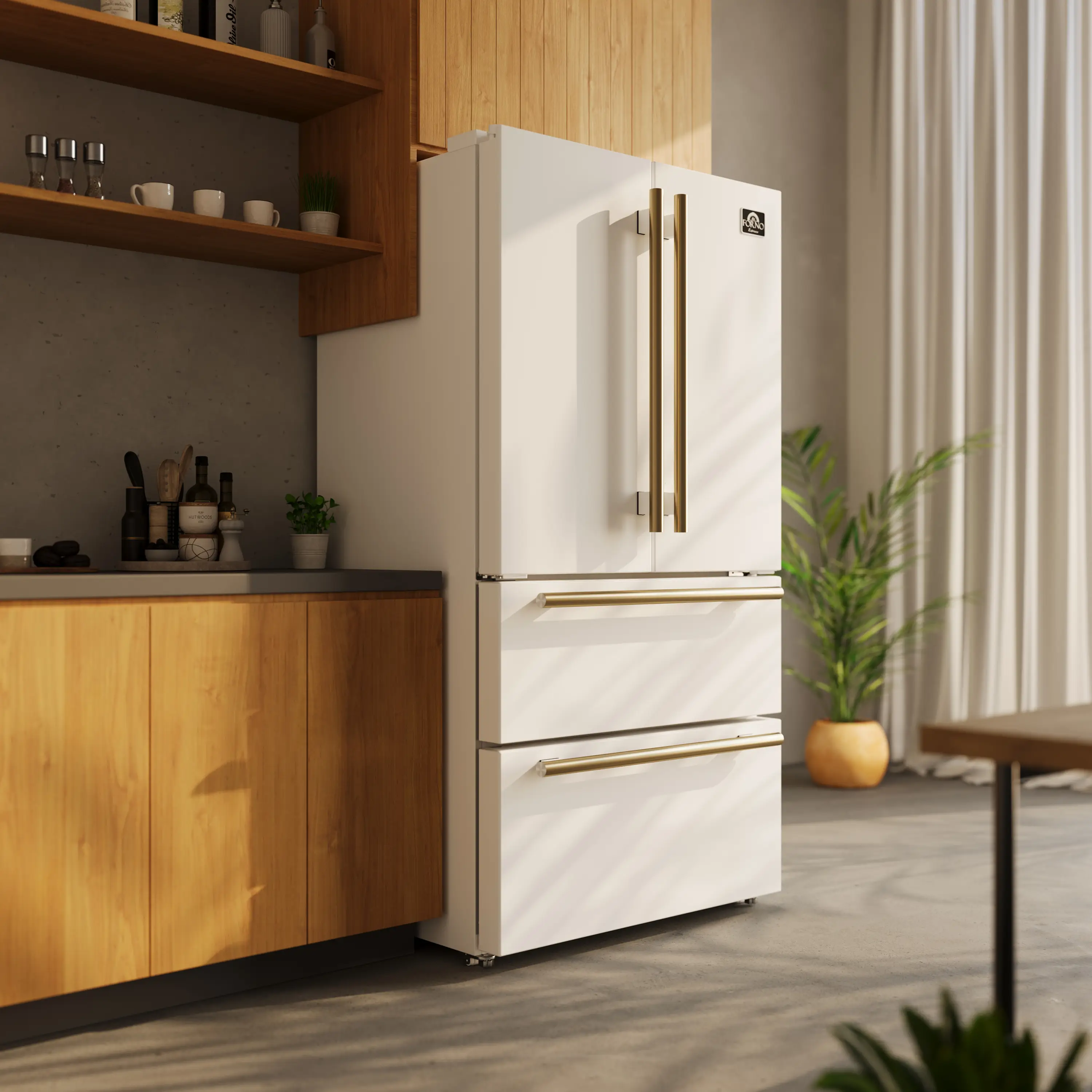 Forno 4-Piece Appliance Package - 30-Inch Espresso Electric Range , Wall Mount Range Hood, 36-Inch French Door Refrigerator, and Dishwasher in White with Antique Brass Handle - Image 26