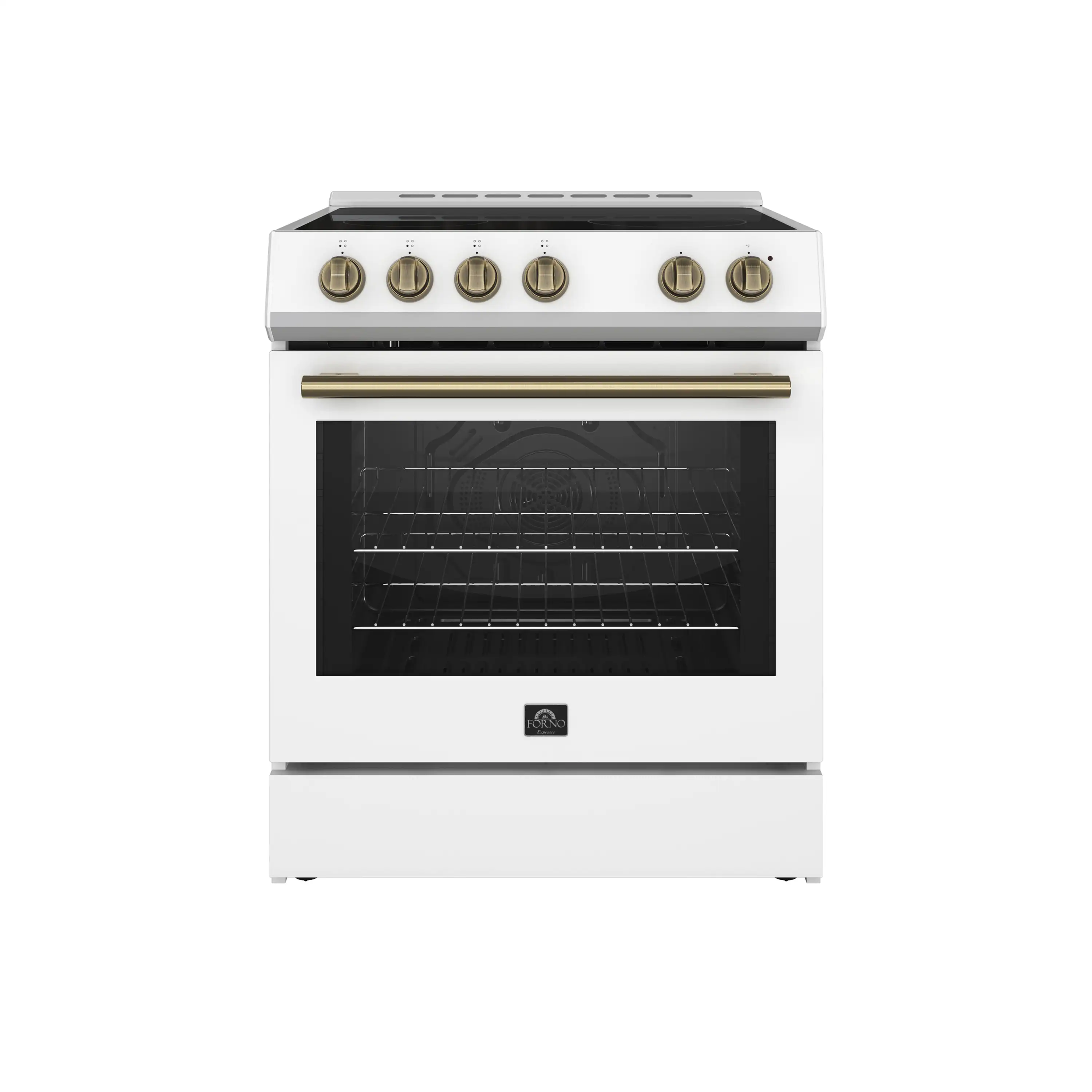 Forno 4-Piece Appliance Package - 30-Inch Espresso Electric Range , Wall Mount Range Hood, 36-Inch French Door Refrigerator, and Dishwasher in White with Antique Brass Handle - Image 3