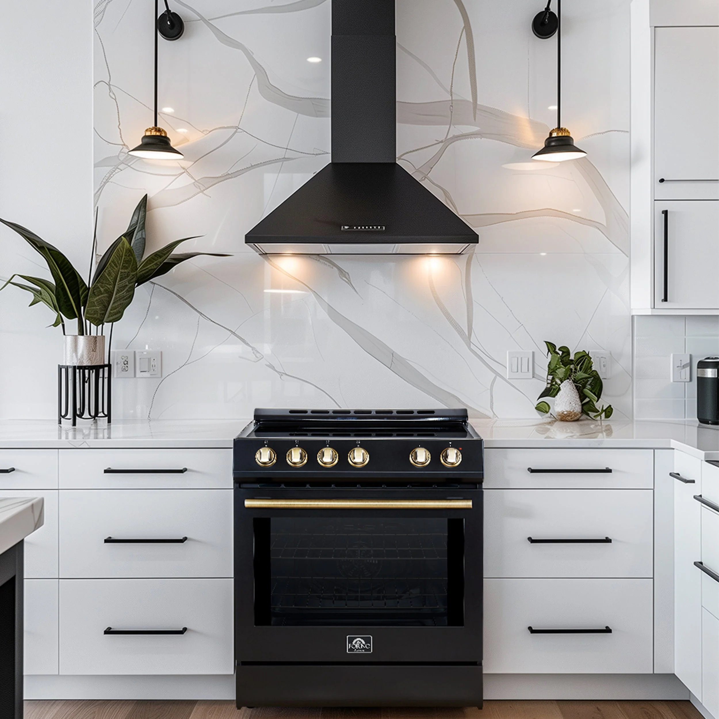 Forno 4-Piece Appliance Package - 30-Inch Espresso Electric Range , Wall Mount Range Hood, 60-Inch Built-In Convertible Refrigerator, and Dishwasher in Black with Antique Brass Handle - Image 3